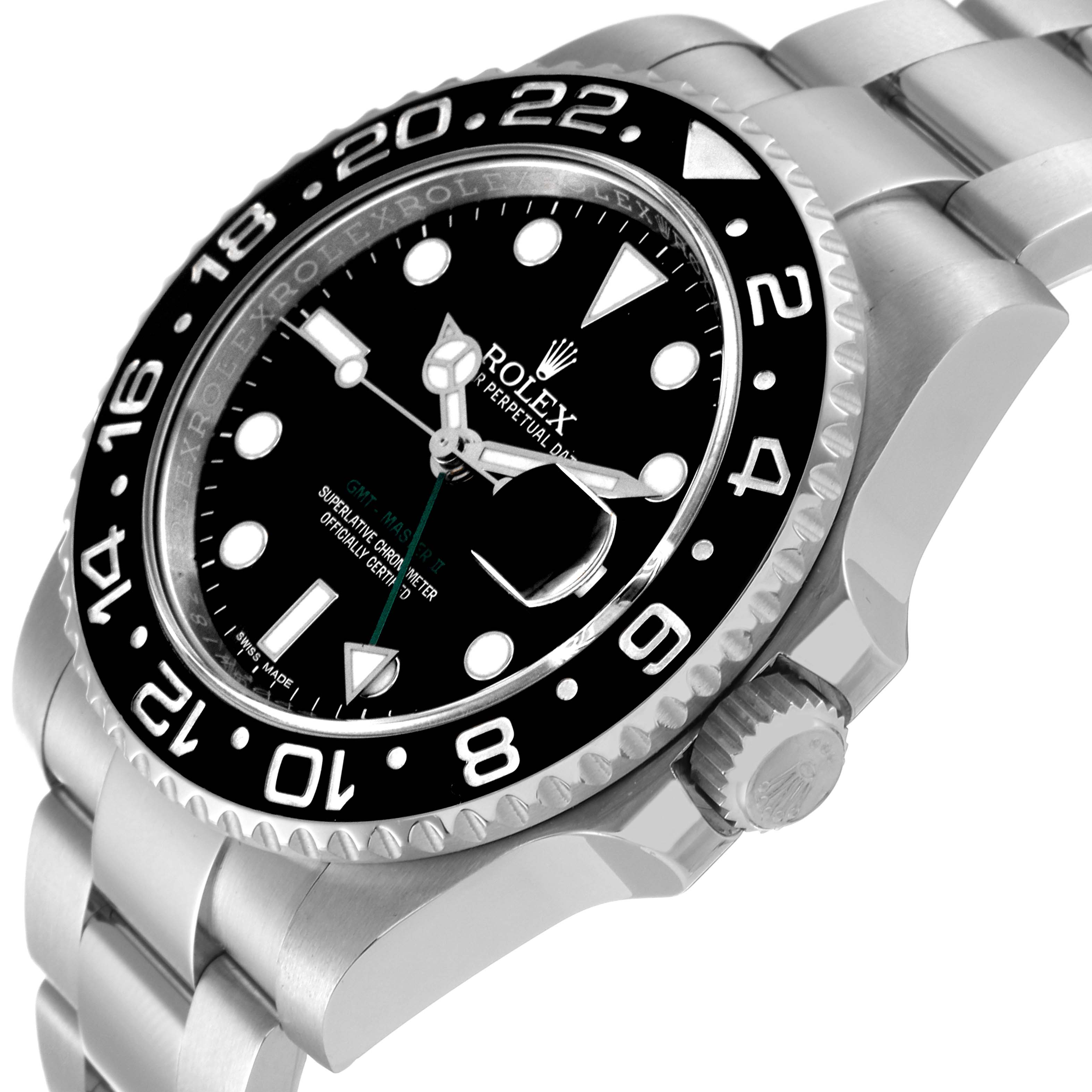 This image shows a close-up angle of the Rolex GMT-Master 116710 Men's Stainless Steel Black Dial 116710 Men's Stainless Steel Black Dial watch, highlighting the dial, bezel, case, and part of the bracelet.