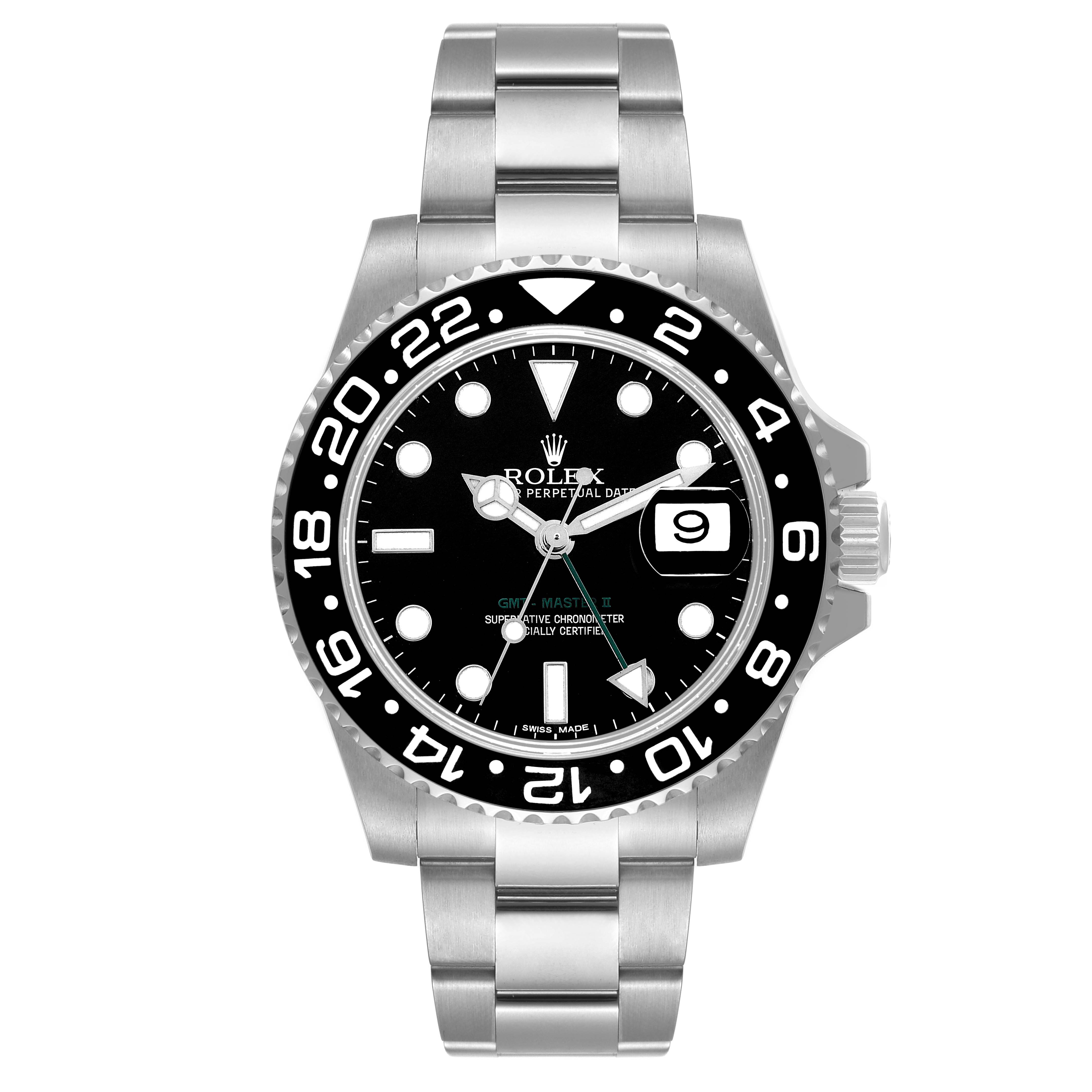 This is a front view of a Rolex GMT-Master 116710 Men's Stainless Steel Black Dial 116710 Men's Stainless Steel Black Dial watch, showing the dial, bezel, and bracelet.