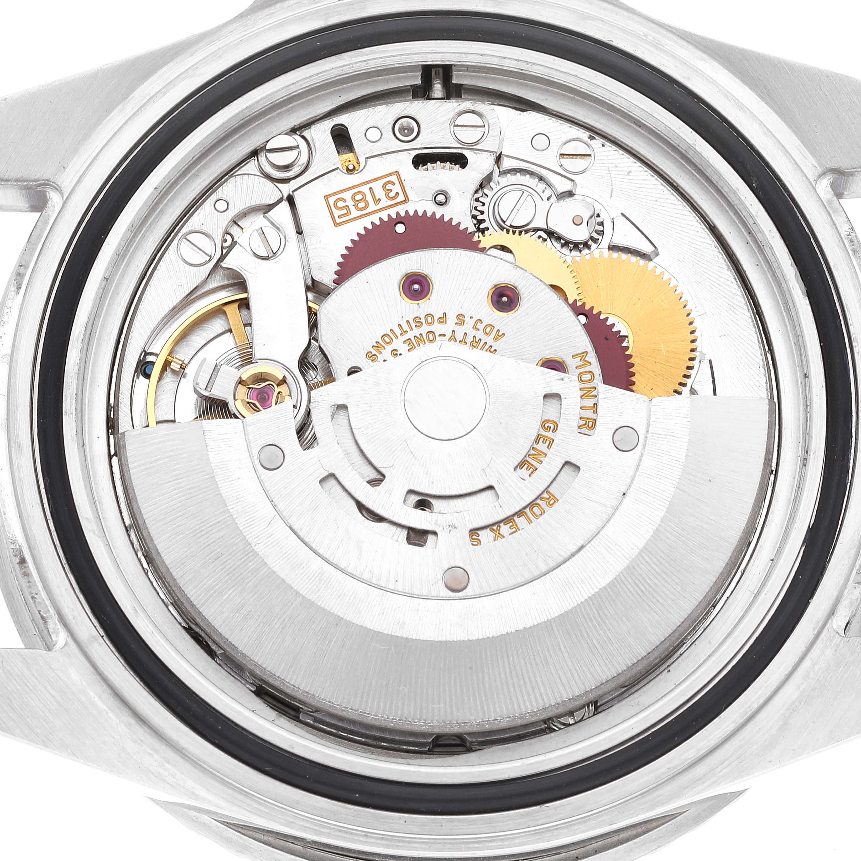 The image displays the inner movement mechanism of a Rolex GMT-Master 16710 Men
s Stainless Steel Black Dial 16710 Men
s Stainless Steel Black Dial watch from a back angle with its case back removed.