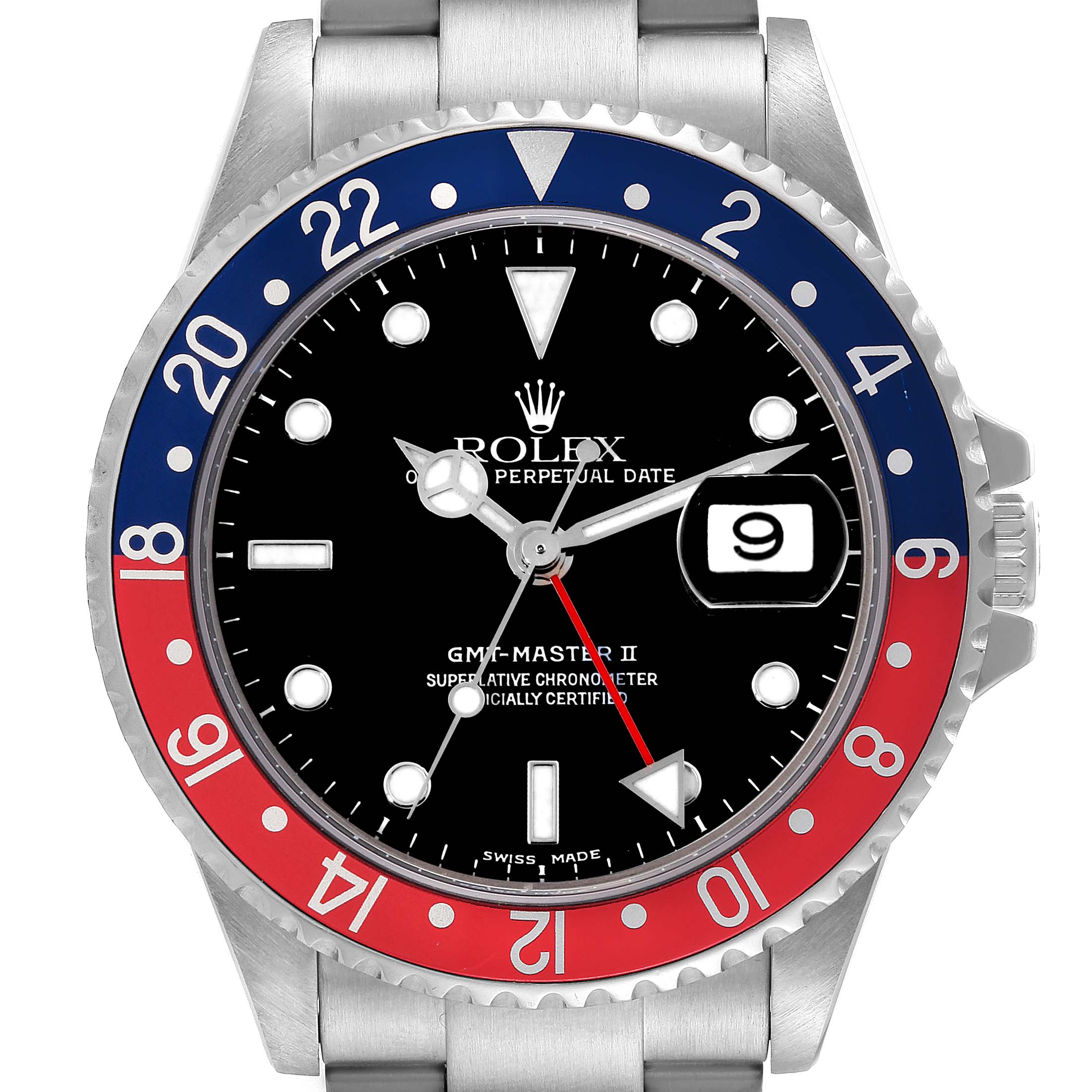 This image shows a front view of the dial and bezel of the Rolex GMT-Master 16710 Men
s Stainless Steel Black Dial 16710 Men
s Stainless Steel Black Dial II watch, highlighting the red and blue bezel and black dial.