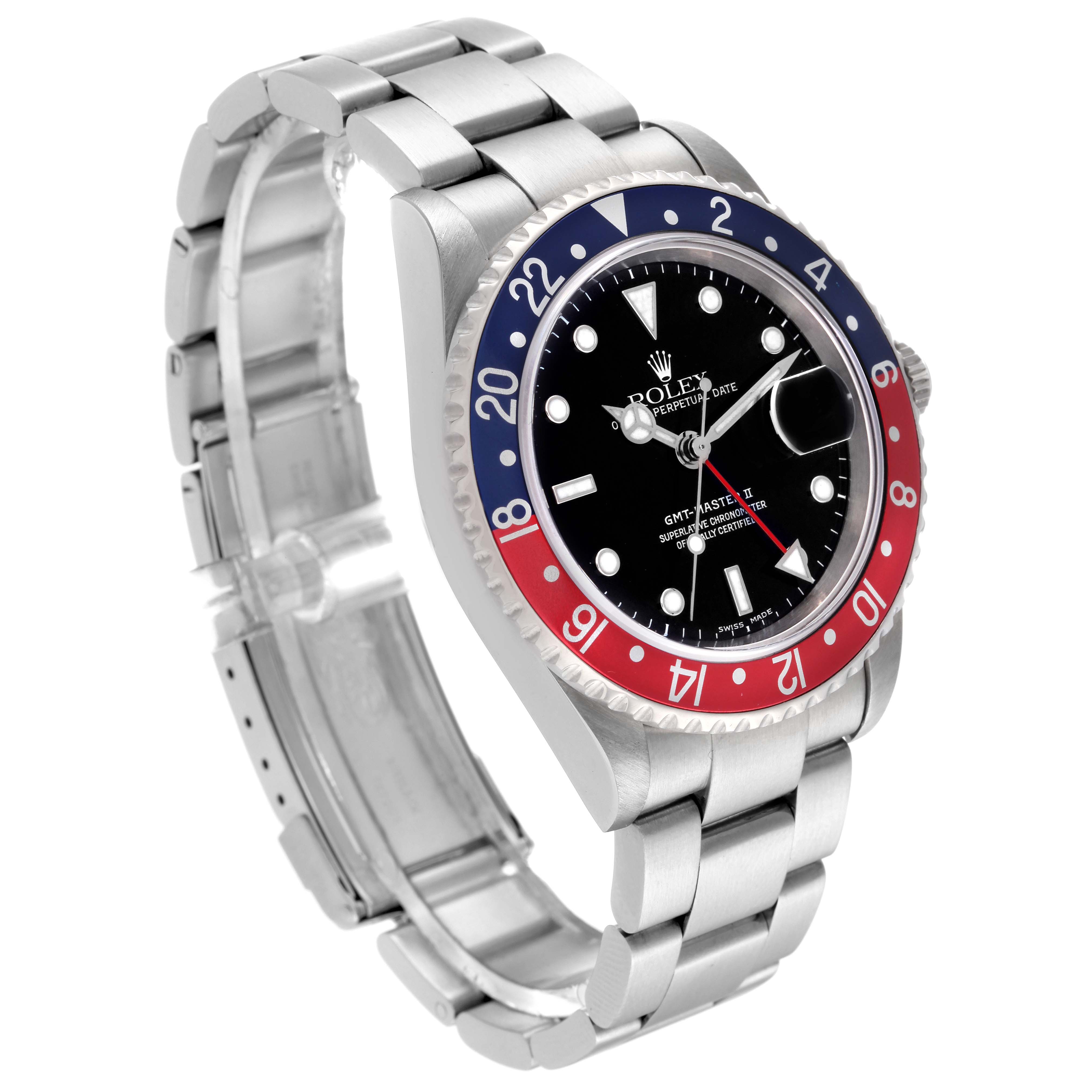 The image shows a side-angle view of a Rolex GMT-Master 16710 Men
s Stainless Steel Black Dial 16710 Men
s Stainless Steel Black Dial watch, highlighting the bezel, dial, and stainless steel bracelet.