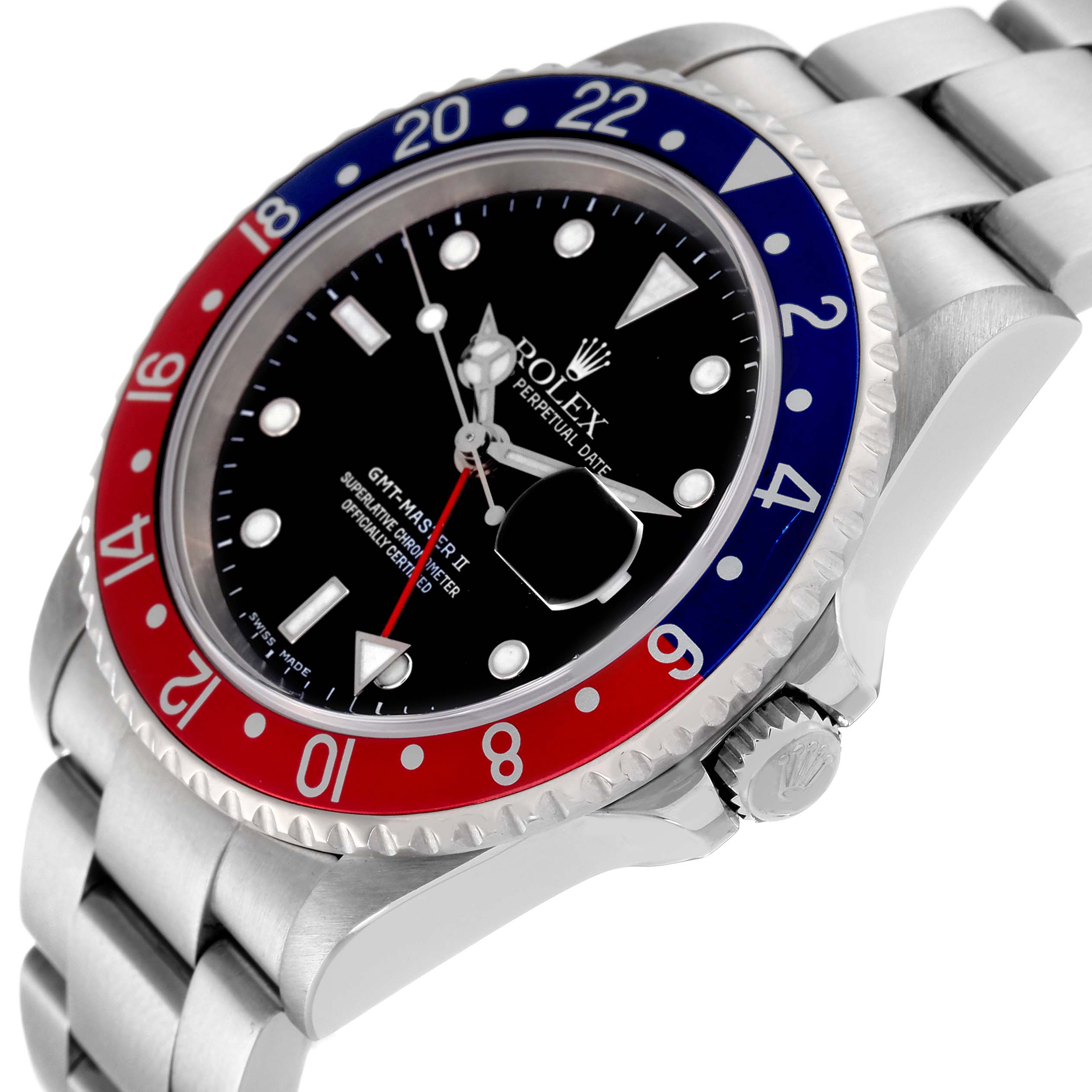 This image shows a close-up of a Rolex GMT-Master 16710 Men
s Stainless Steel Black Dial 16710 Men
s Stainless Steel Black Dial watch, highlighting its bezel, dial, crown, and bracelet.