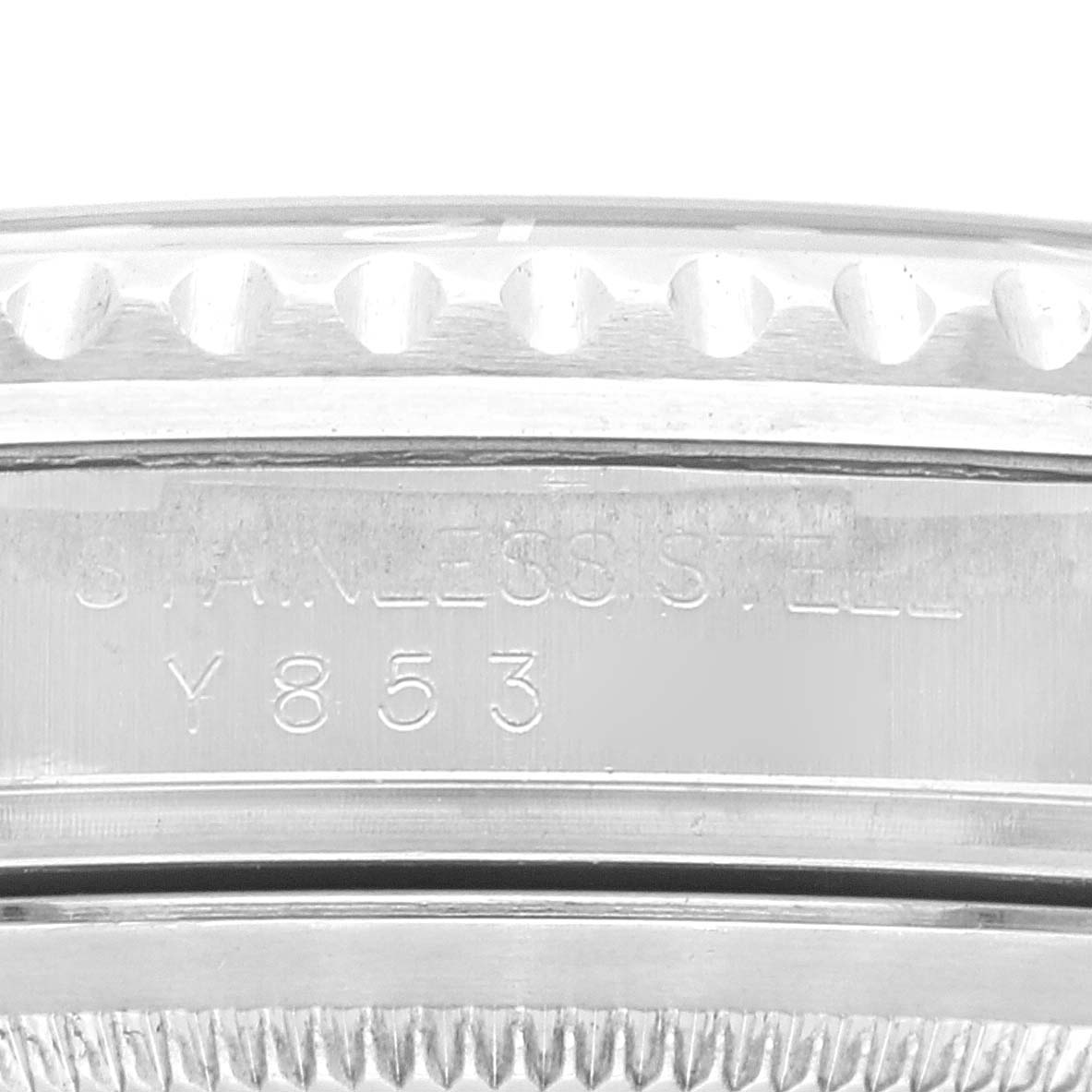 This image shows a close-up of the bezel and inner case inscription of a Rolex GMT-Master 16710 Men
s Stainless Steel Black Dial 16710 Men
s Stainless Steel Black Dial watch.