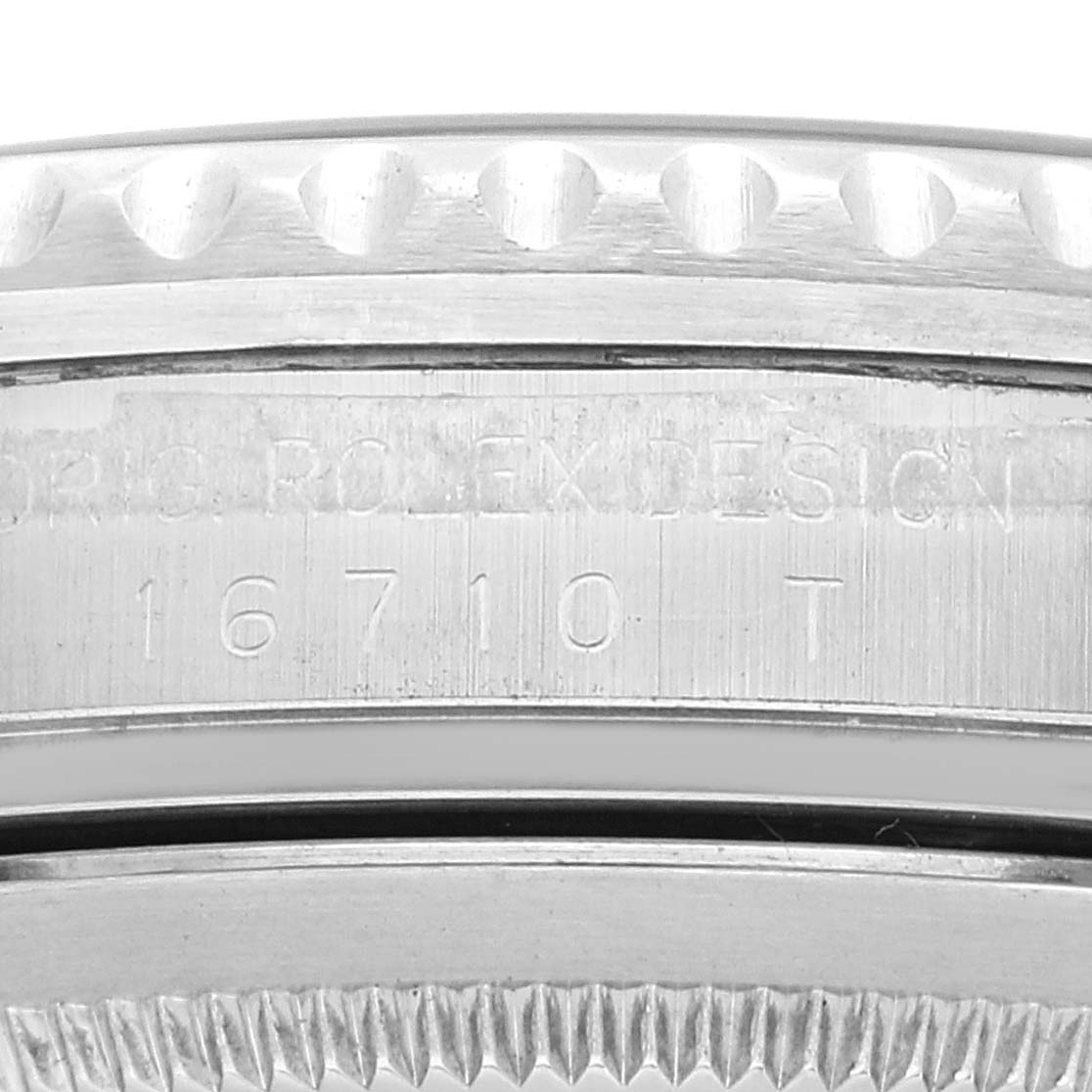 The image shows a close-up of the case side and bezel of a Rolex GMT-Master 16710 Men
s Stainless Steel Black Dial 16710 Men
s Stainless Steel Black Dial, displaying the model number 16710.