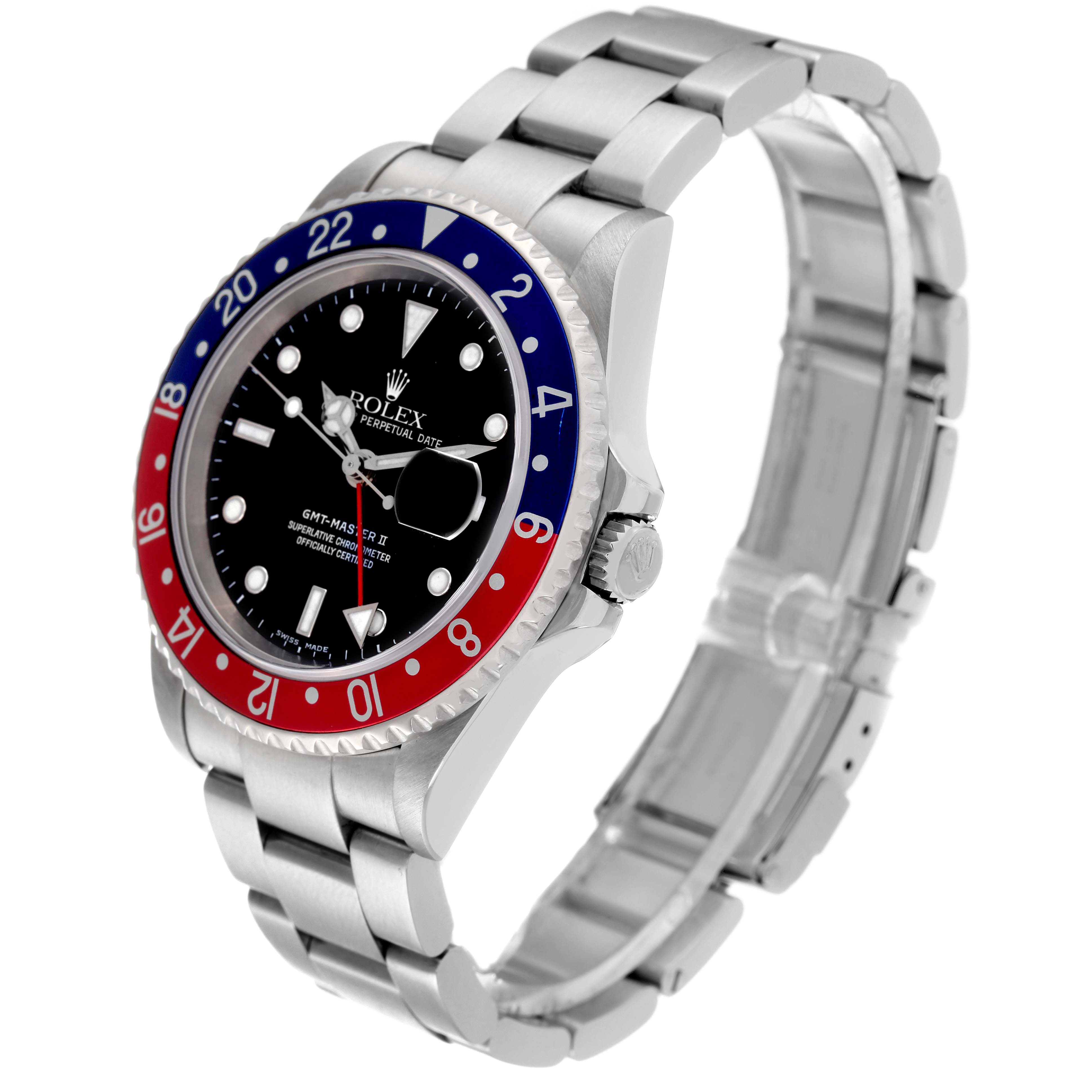 The Rolex GMT-Master 16710 Men
s Stainless Steel Black Dial 16710 Men
s Stainless Steel Black Dial watch is shown at a three-quarter angle, highlighting the bezel, dial, crown, and bracelet.