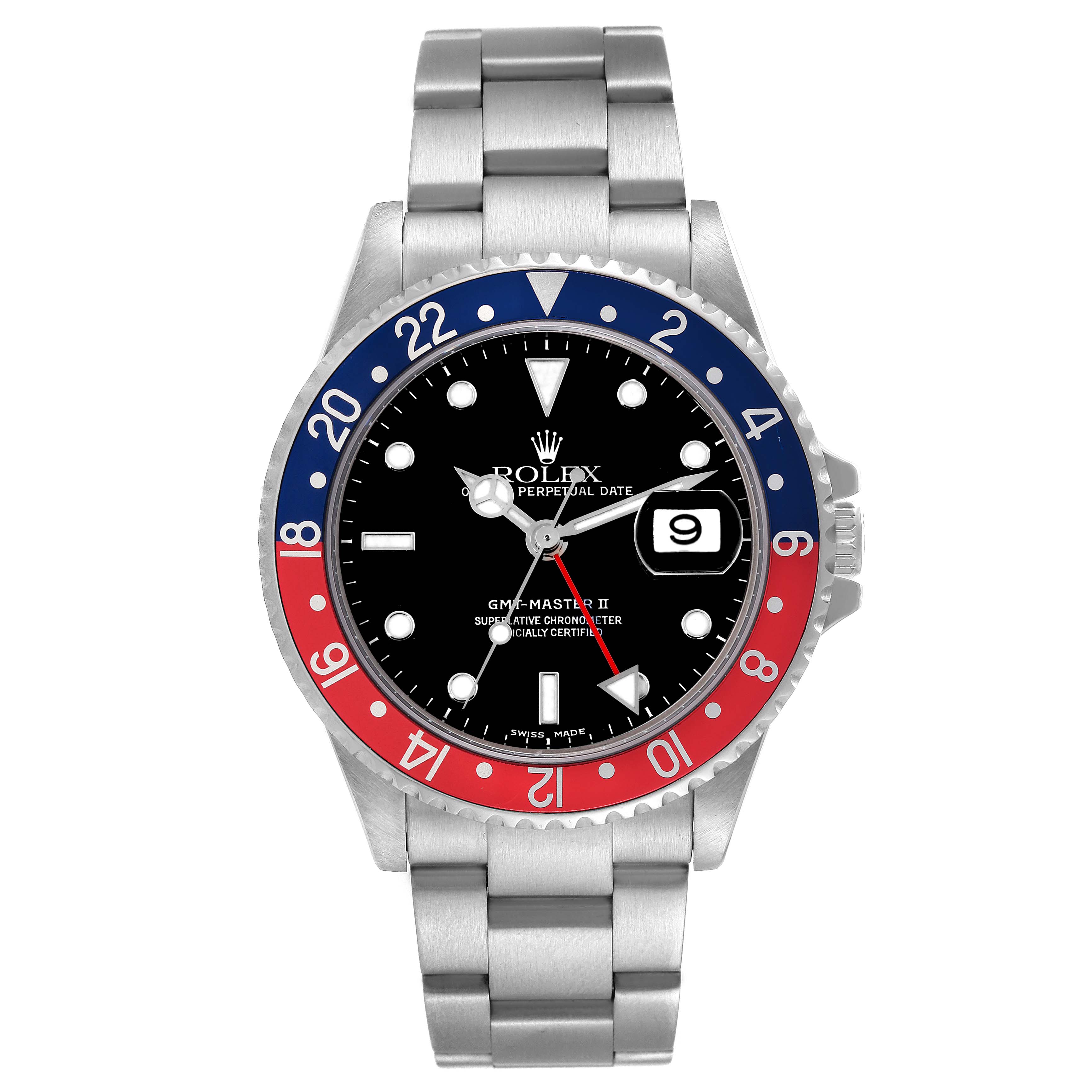 The Rolex GMT-Master 16710 Men
s Stainless Steel Black Dial 16710 Men
s Stainless Steel Black Dial watch is shown from a front angle, displaying its bezel, dial, hands, date window, and bracelet.