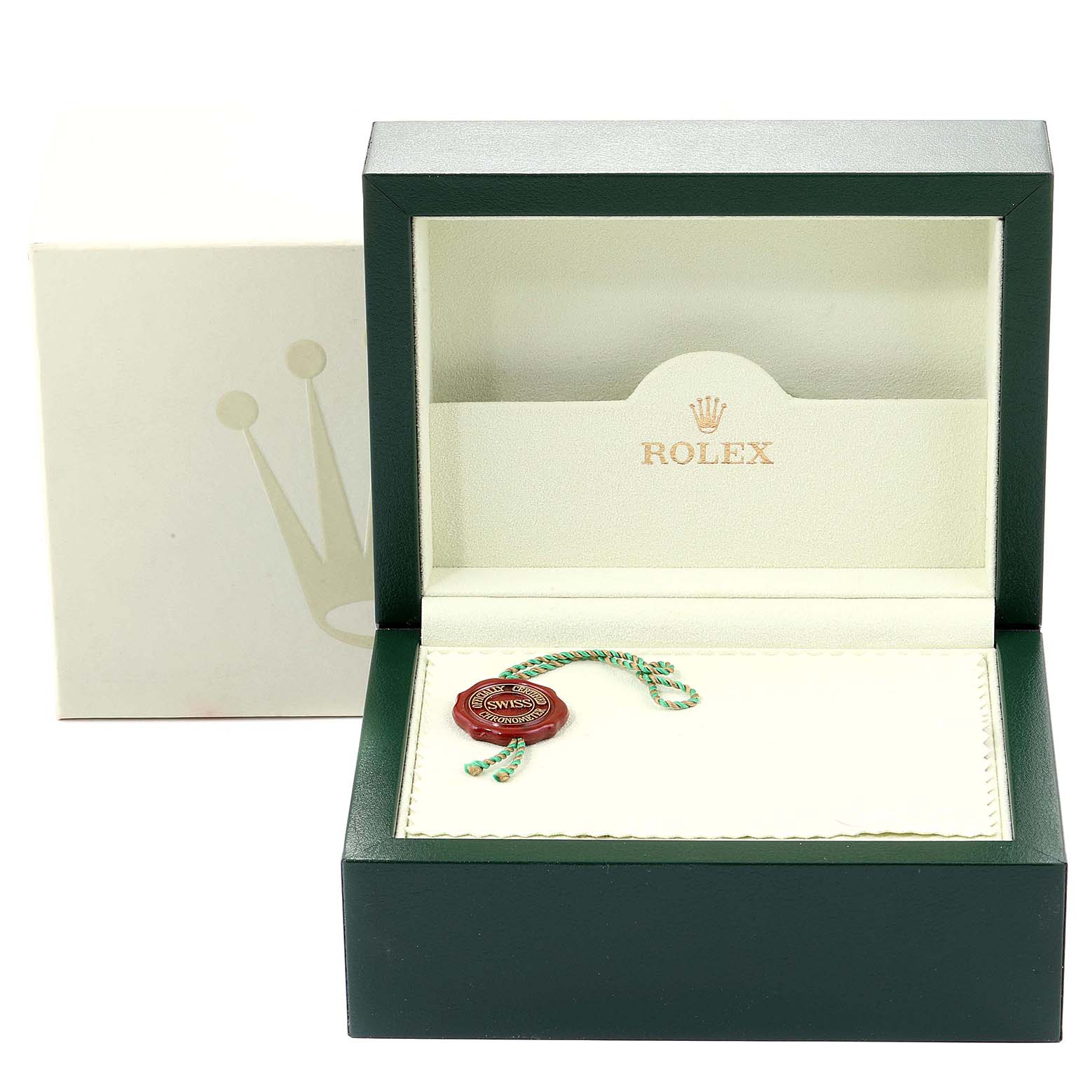 This image shows an open case for a Rolex GMT-Master 16710 Men's Stainless Steel Black Dial 16710 Men's Stainless Steel Black Dial watch, including a green and red certification tag inside the box.