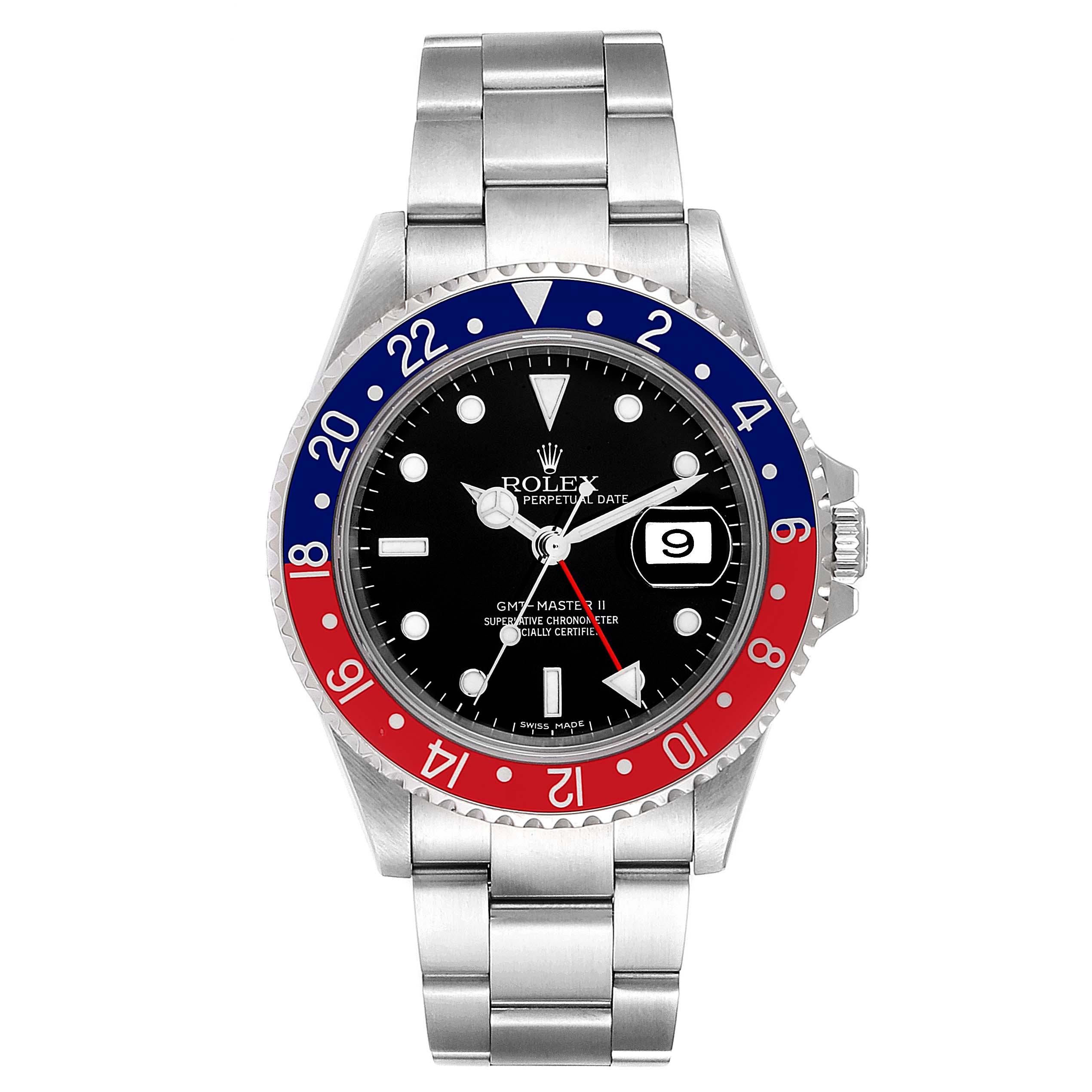 Front view of the Rolex GMT-Master 16710 Men's Stainless Steel Black Dial 16710 Men's Stainless Steel Black Dial watch showing the face, bezel, crown, and bracelet.