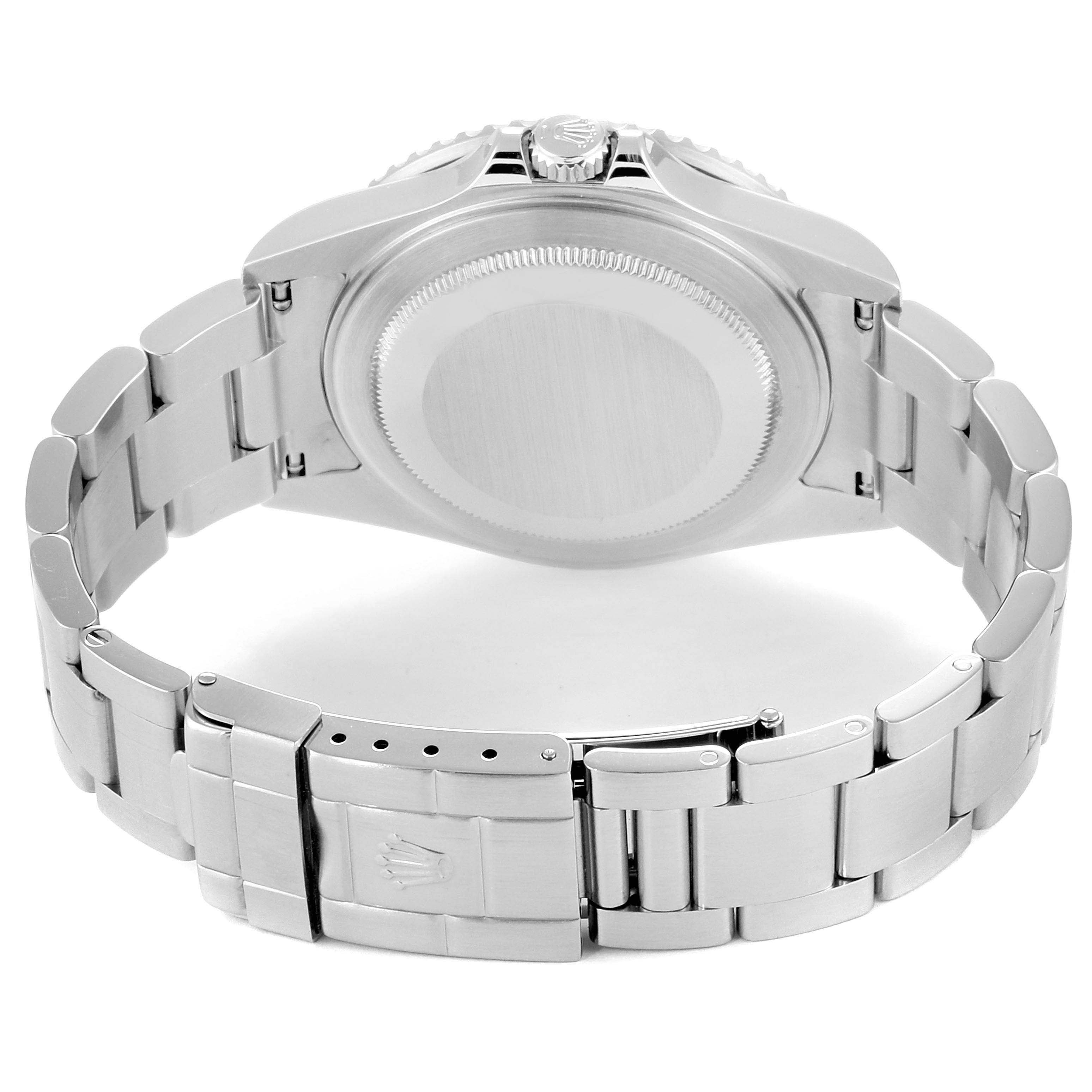 This Rolex GMT-Master 16710 Men's Stainless Steel Black Dial 16710 Men's Stainless Steel Black Dial watch is shown from the rear, highlighting the case back and bracelet clasp.