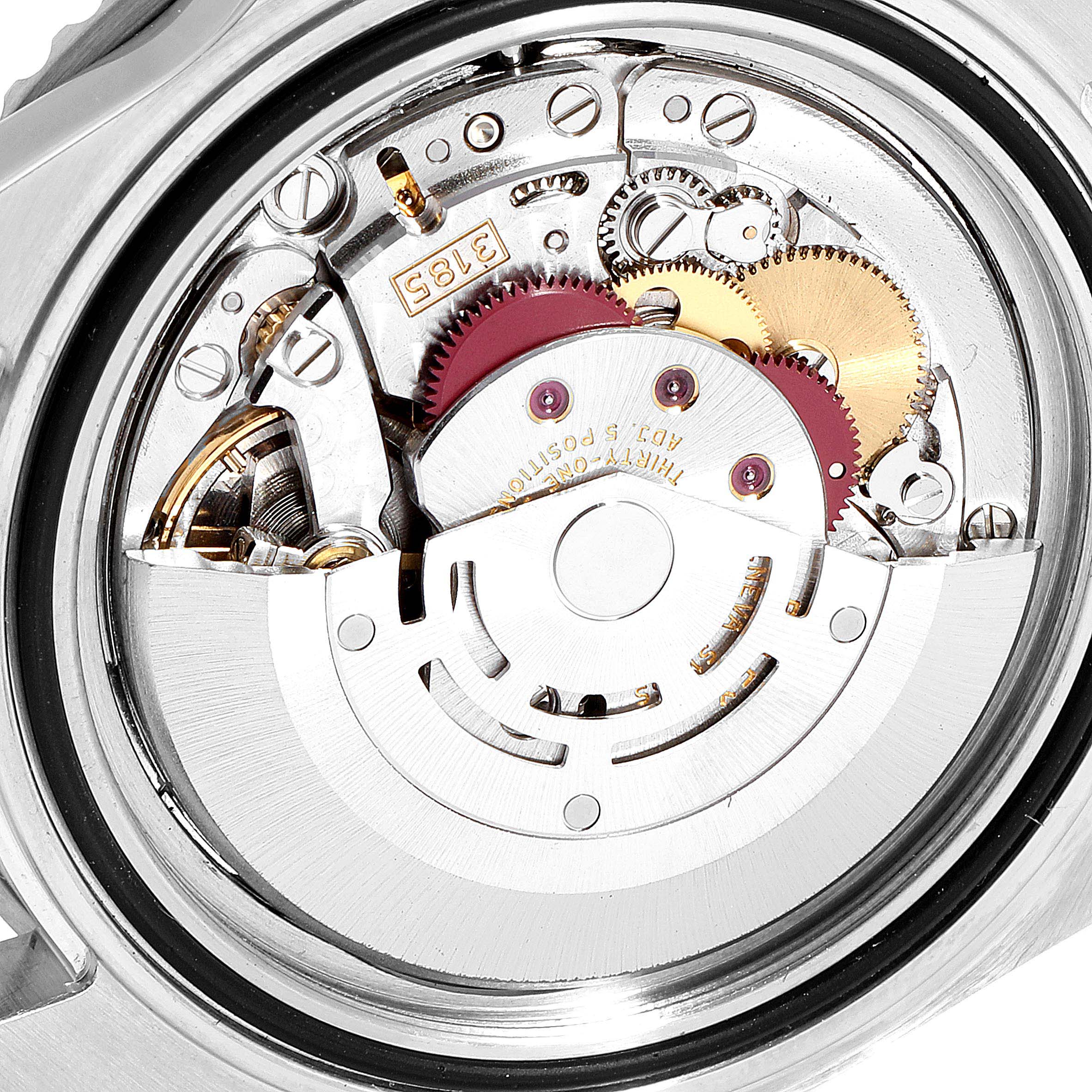 This close-up image shows the intricate internal mechanism of the Rolex GMT-Master 16710 Men's Stainless Steel Black Dial 16710 Men's Stainless Steel Black Dial watch.