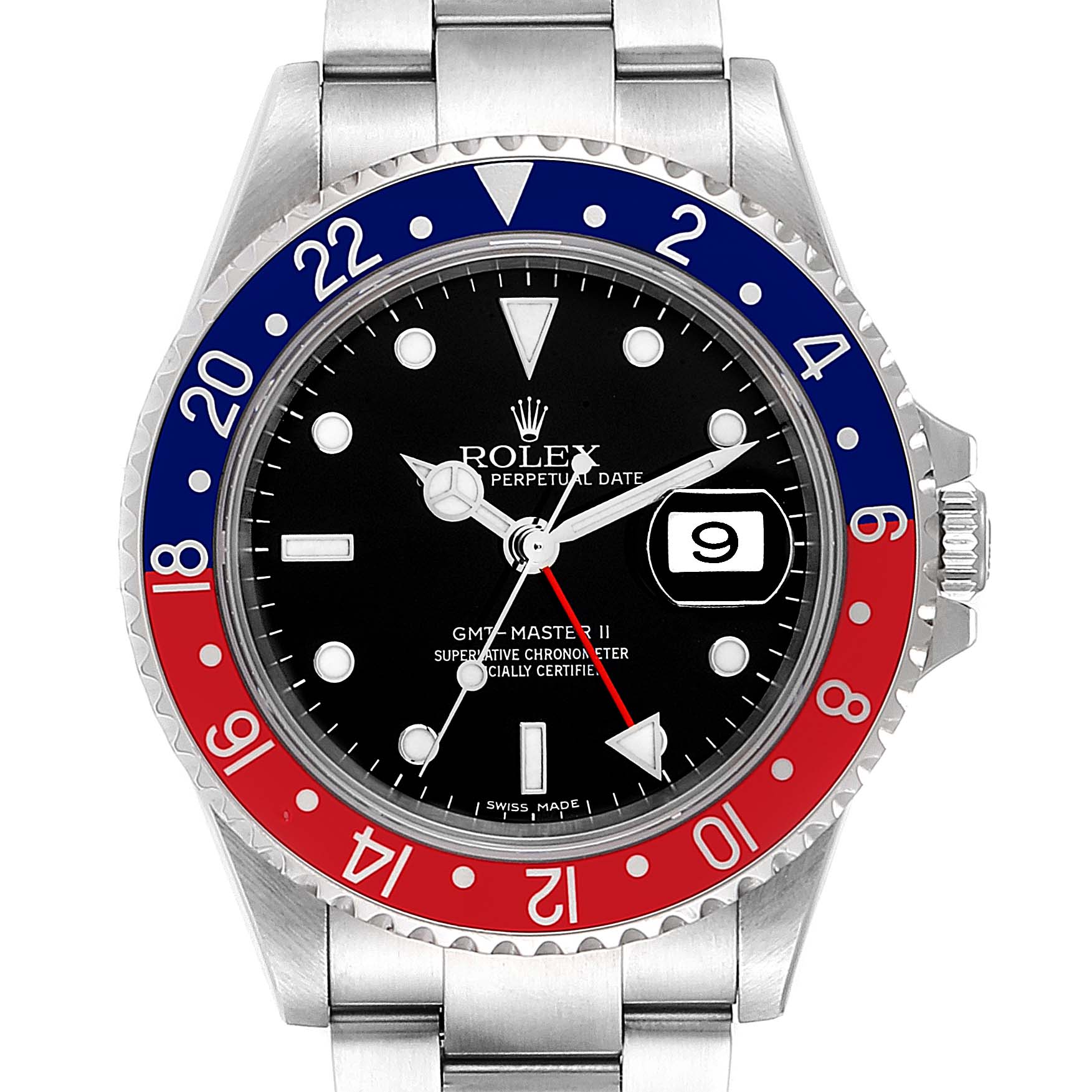 The image shows a frontal view of a Rolex GMT-Master 16710 Men's Stainless Steel Black Dial 16710 Men's Stainless Steel Black Dial II watch with a black dial and a red and blue bezel.
