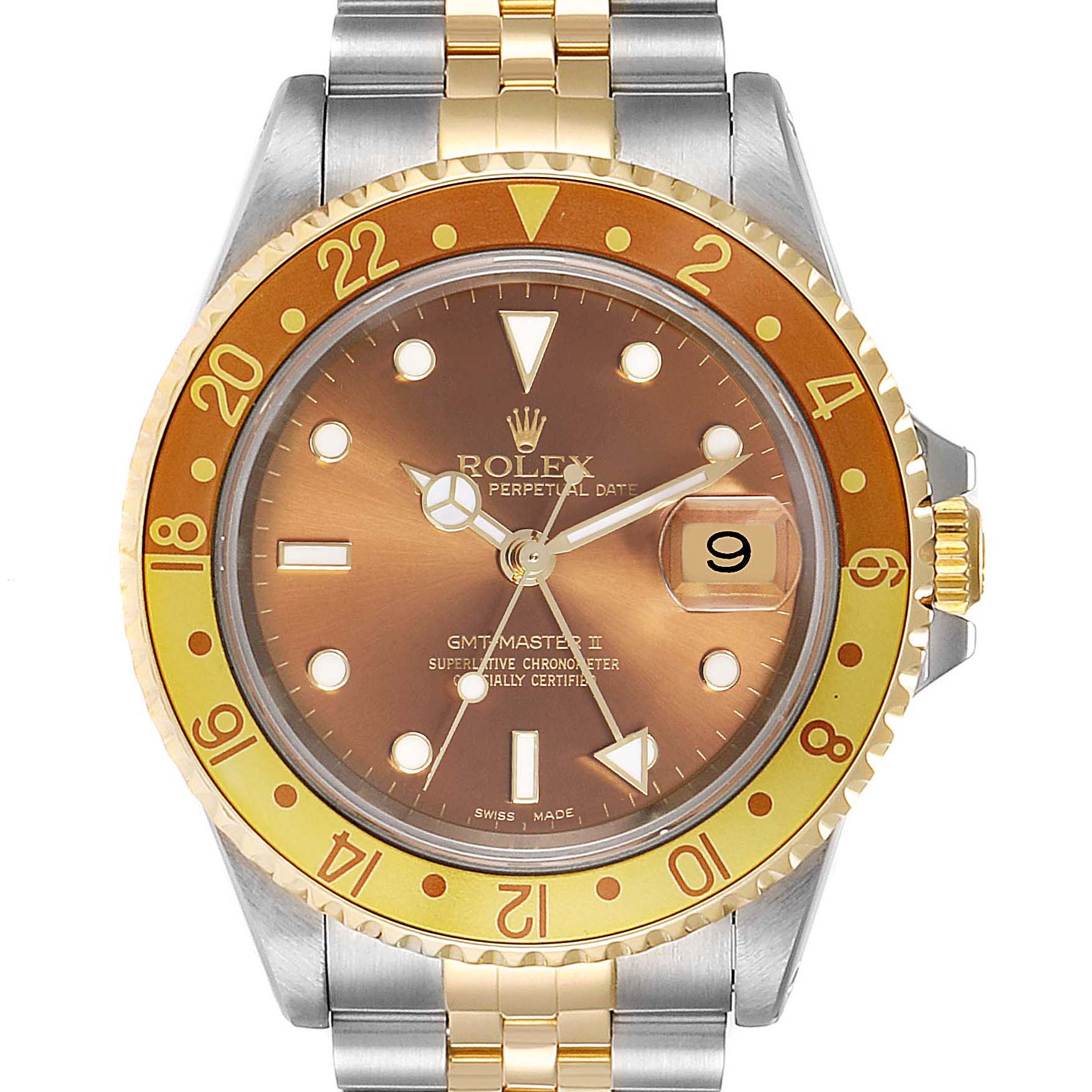 This image shows a Rolex GMT-Master 16713 Men's Steel and Gold (two tone) Brown Dial 16713 Men's Steel and Gold (two tone) Brown Dial II watch from a front angle, highlighting the bezel, dial, hands, and bracelet.