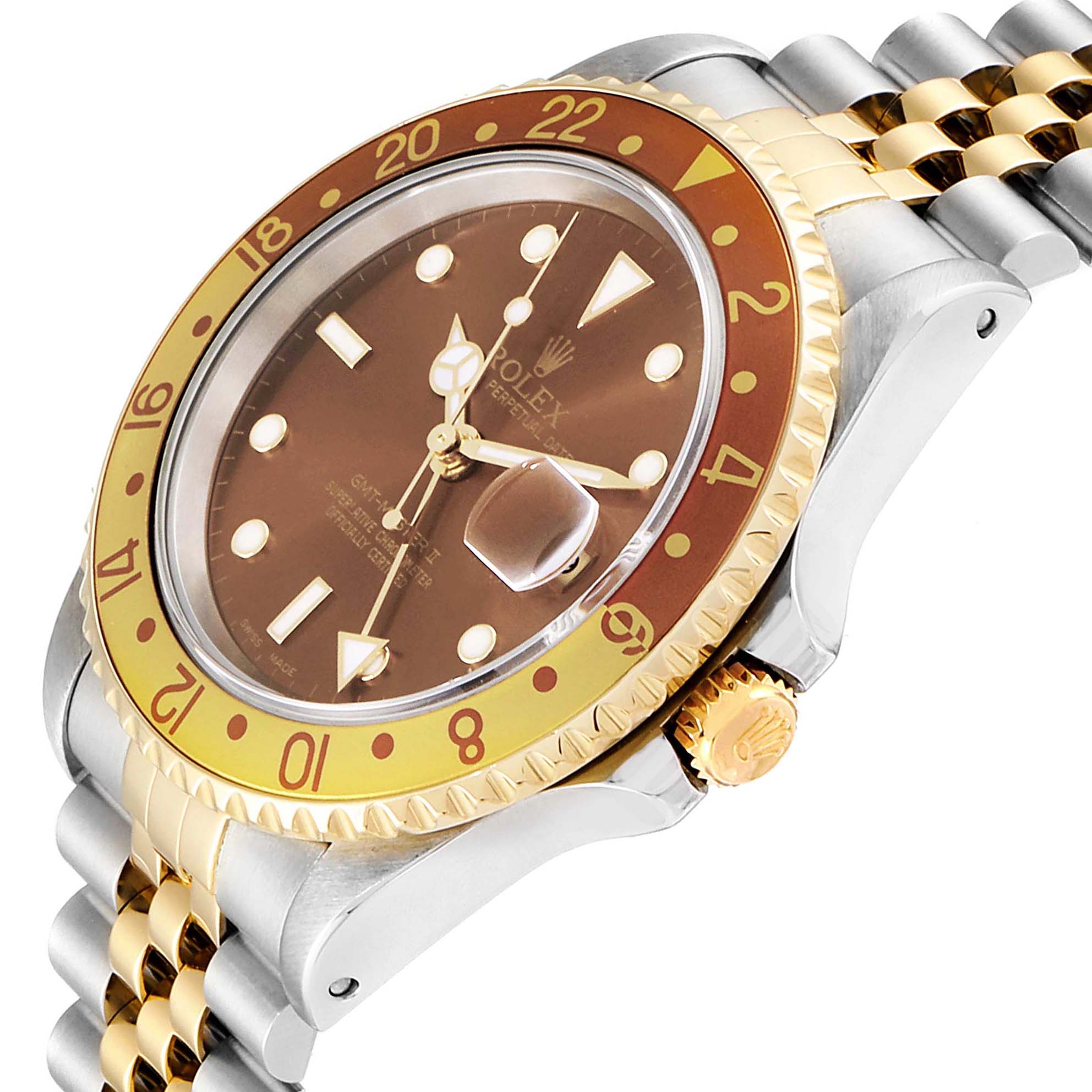 The image shows a Rolex GMT-Master 16713 Men's Steel and Gold (two tone) Brown Dial 16713 Men's Steel and Gold (two tone) Brown Dial watch at an angled view, highlighting its bezel, dial, and part of the bracelet.