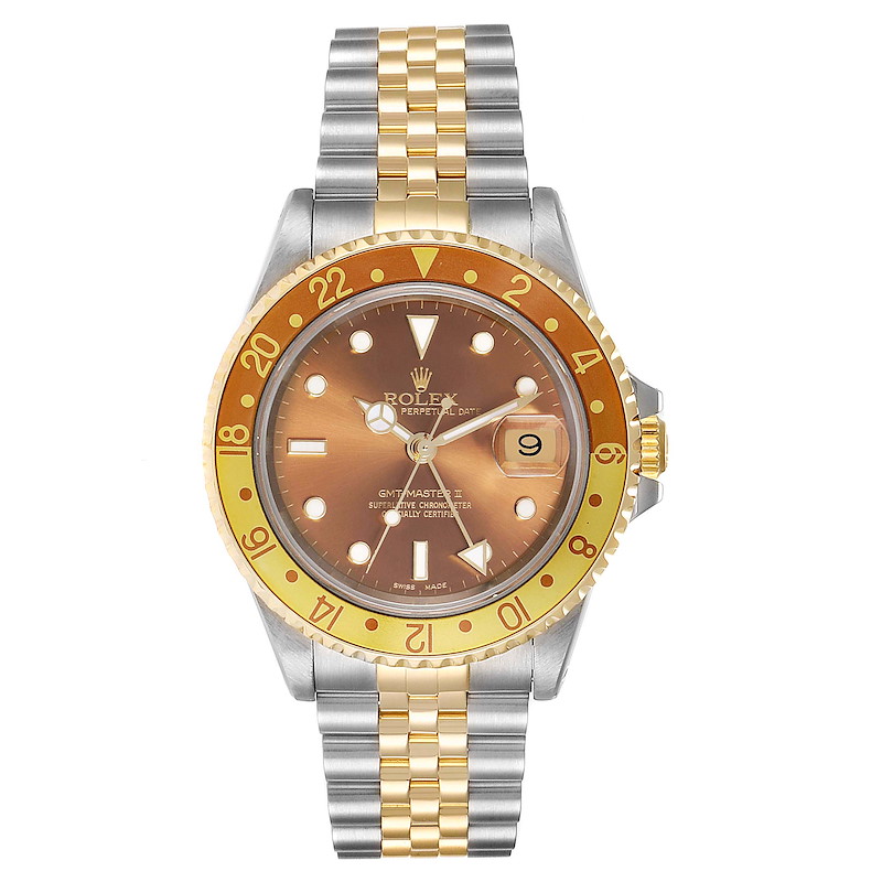 Rolex GMT Master II Rootbeer Yellow Gold Steel Mens Watch 16713