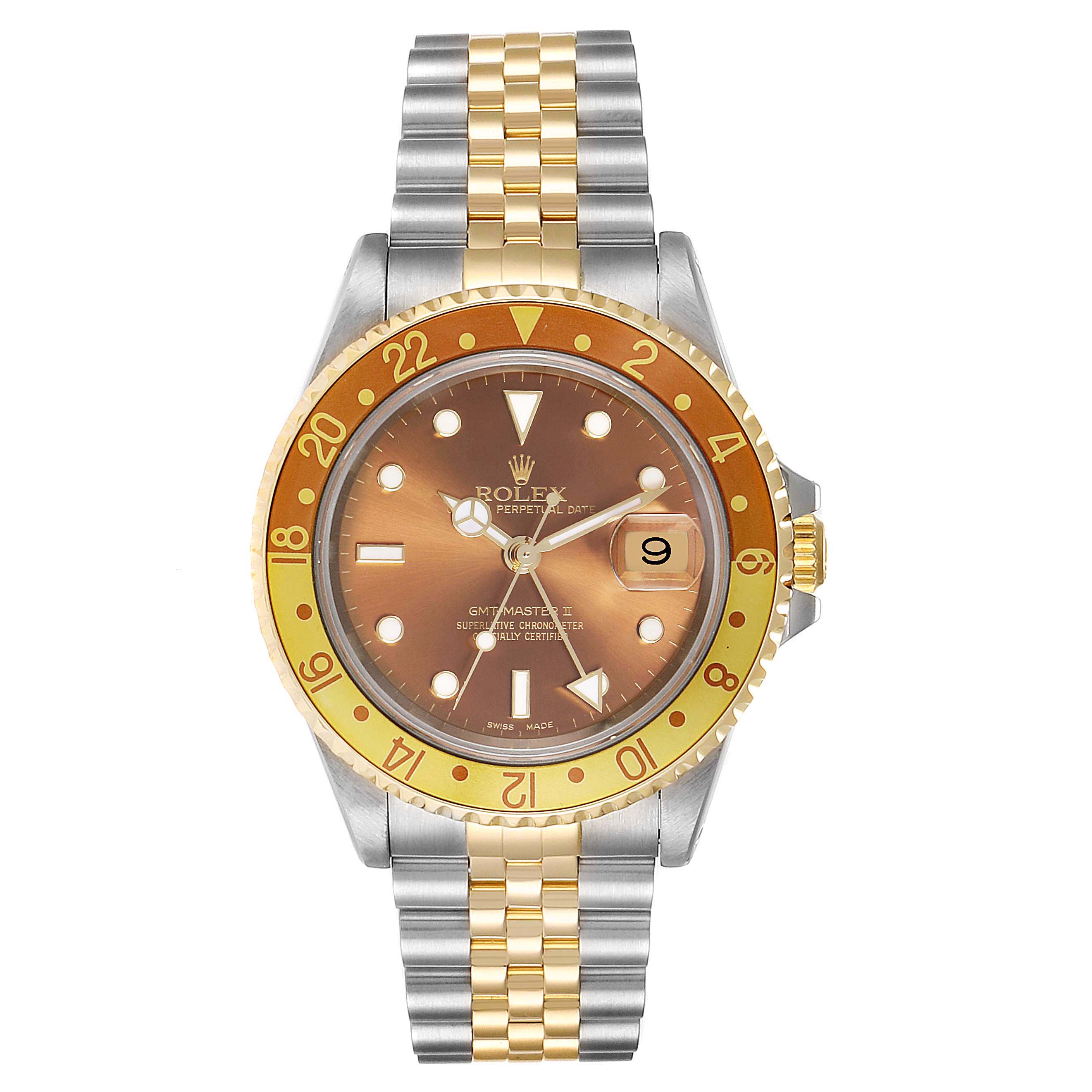 This image shows the front face and band of a Rolex GMT-Master 16713 Men's Steel and Gold (two tone) Brown Dial 16713 Men's Steel and Gold (two tone) Brown Dial watch.