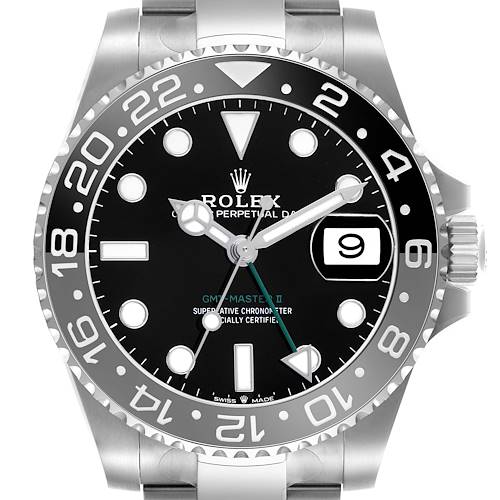 The image shows a front view of a Rolex GMT-Master 126710GRNR Men's Stainless Steel Black Dial II watch, highlighting the dial, bezel, and crown.