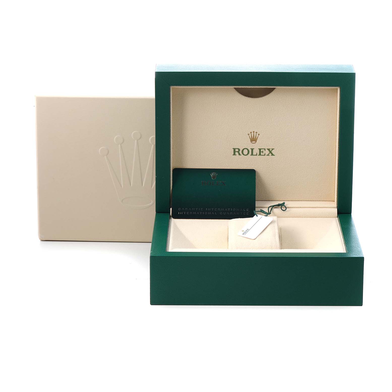 The image shows the open box for a Rolex GMT-Master 126710GRNR Men's Stainless Steel Black Dial, including a warranty card, booklet, and tag.