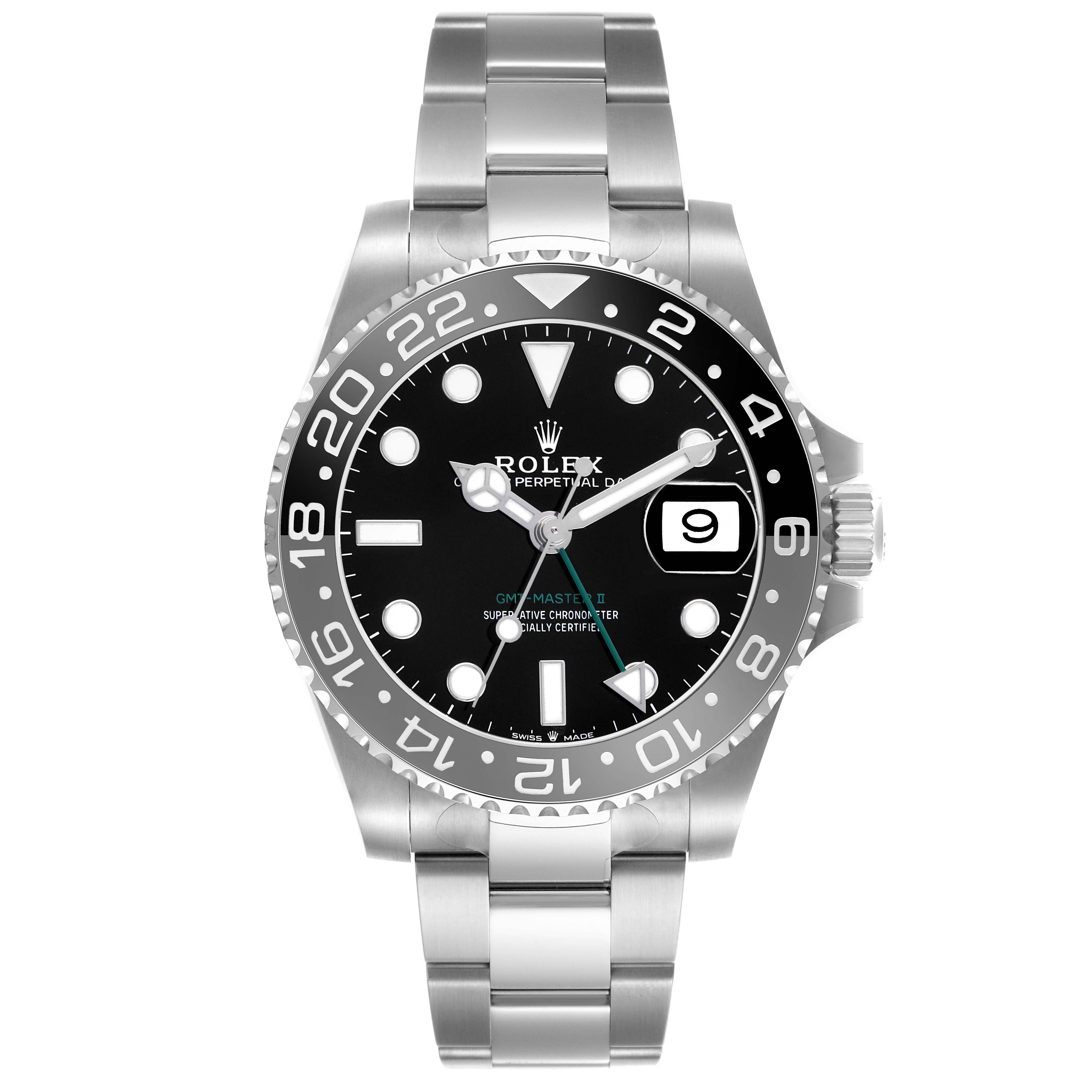 The Rolex GMT-Master 126710GRNR Men's Stainless Steel Black Dial model is shown from the front, displaying its dial, bezel, and bracelet.