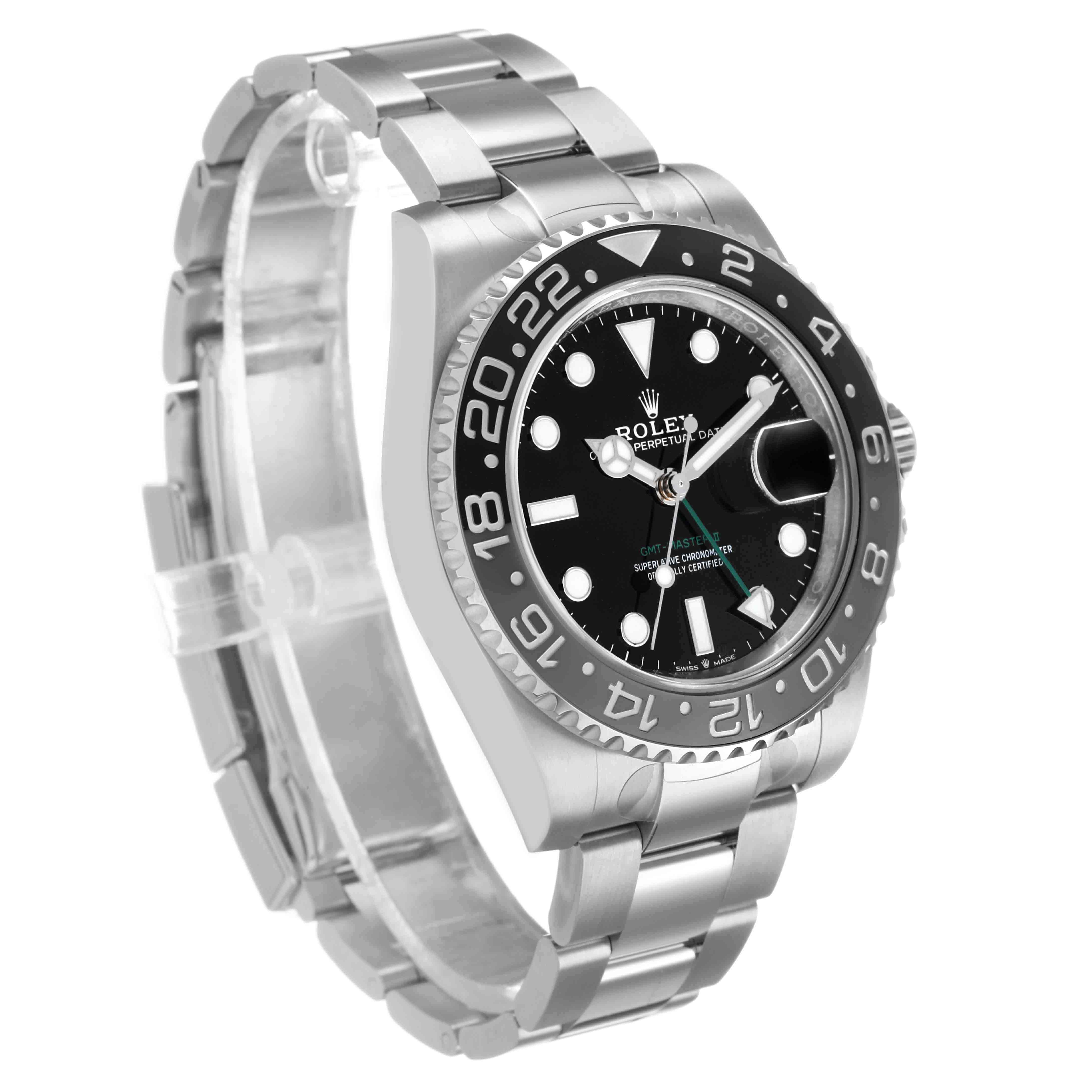 The Rolex GMT-Master 126710GRNR Men's Stainless Steel Black Dial watch is shown at a three-quarter angle, highlighting the face, bezel, and partially open stainless steel bracelet.