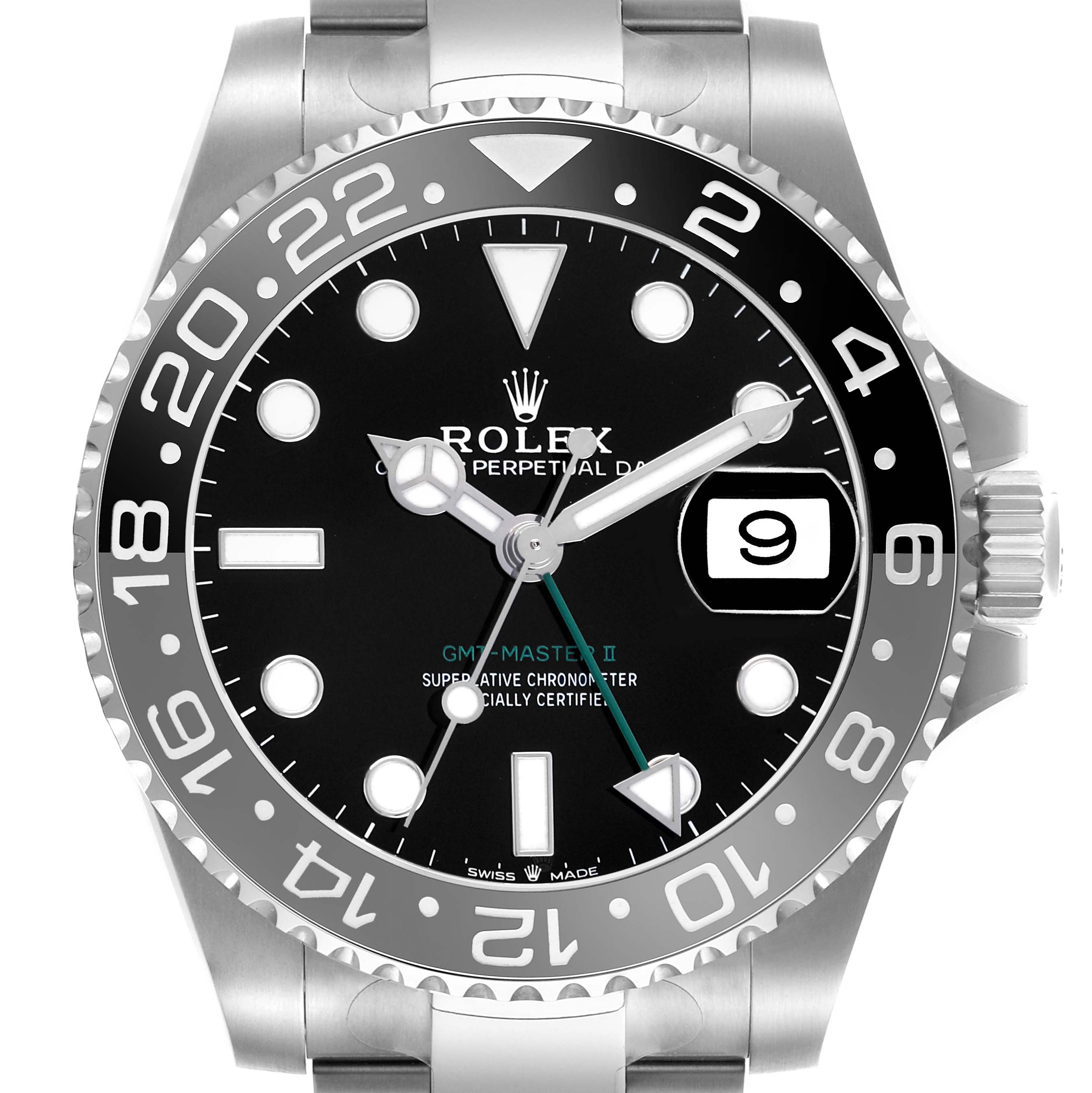 The Rolex GMT-Master 126710GRNR Men's Stainless Steel Black Dial watch is shown from the front, displaying the dial, hands, date window, and bezel.