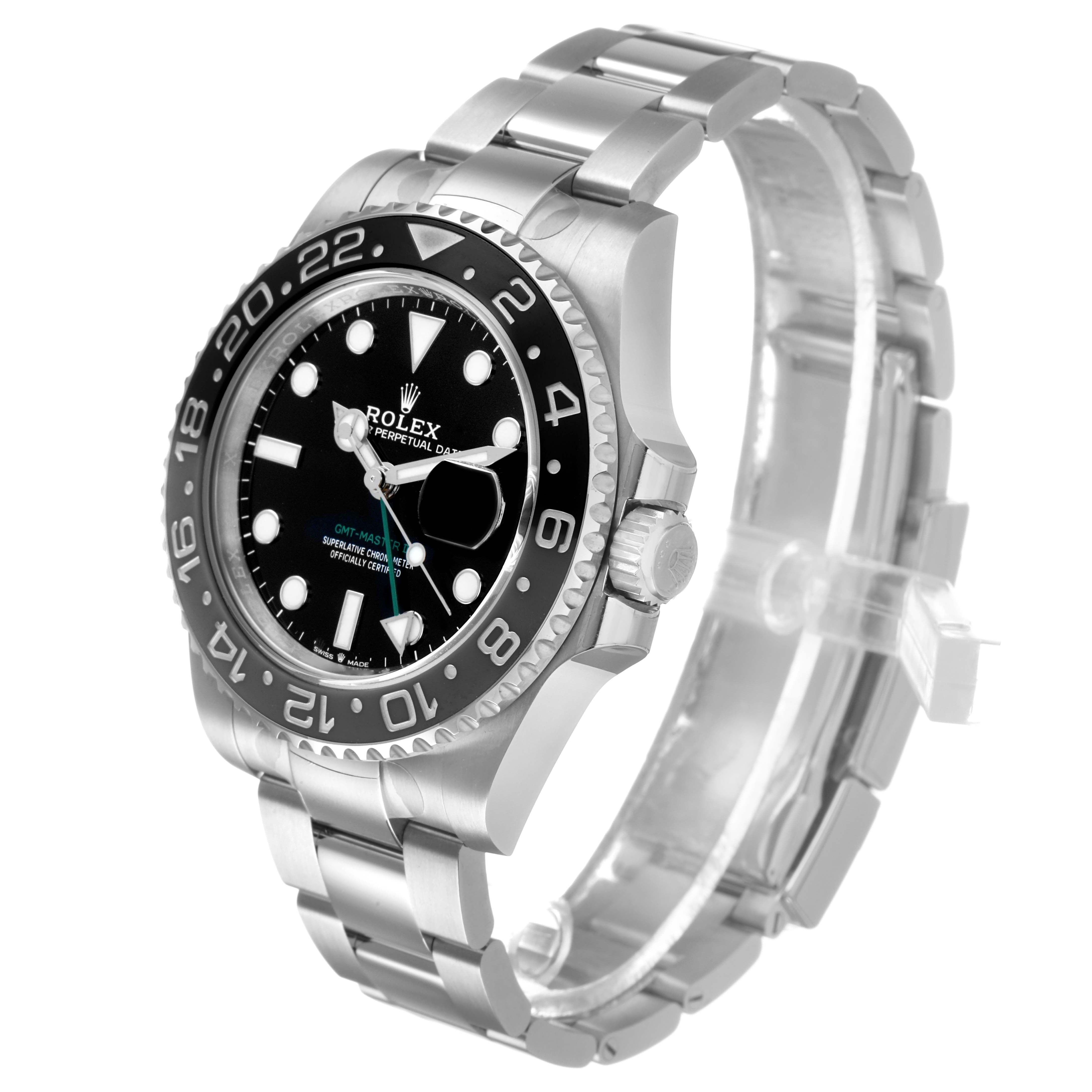 The Rolex GMT-Master 126710GRNR Men's Stainless Steel Black Dial watch is shown at a slight right-side angle, highlighting the bezel, dial, and bracelet.