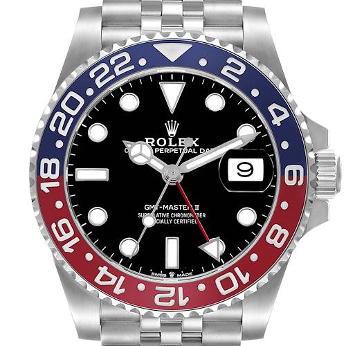 The Rolex GMT-Master 126710 Men's Stainless Steel Black Dial watch is shown from a frontal angle, displaying the bezel, dial, and bracelet.