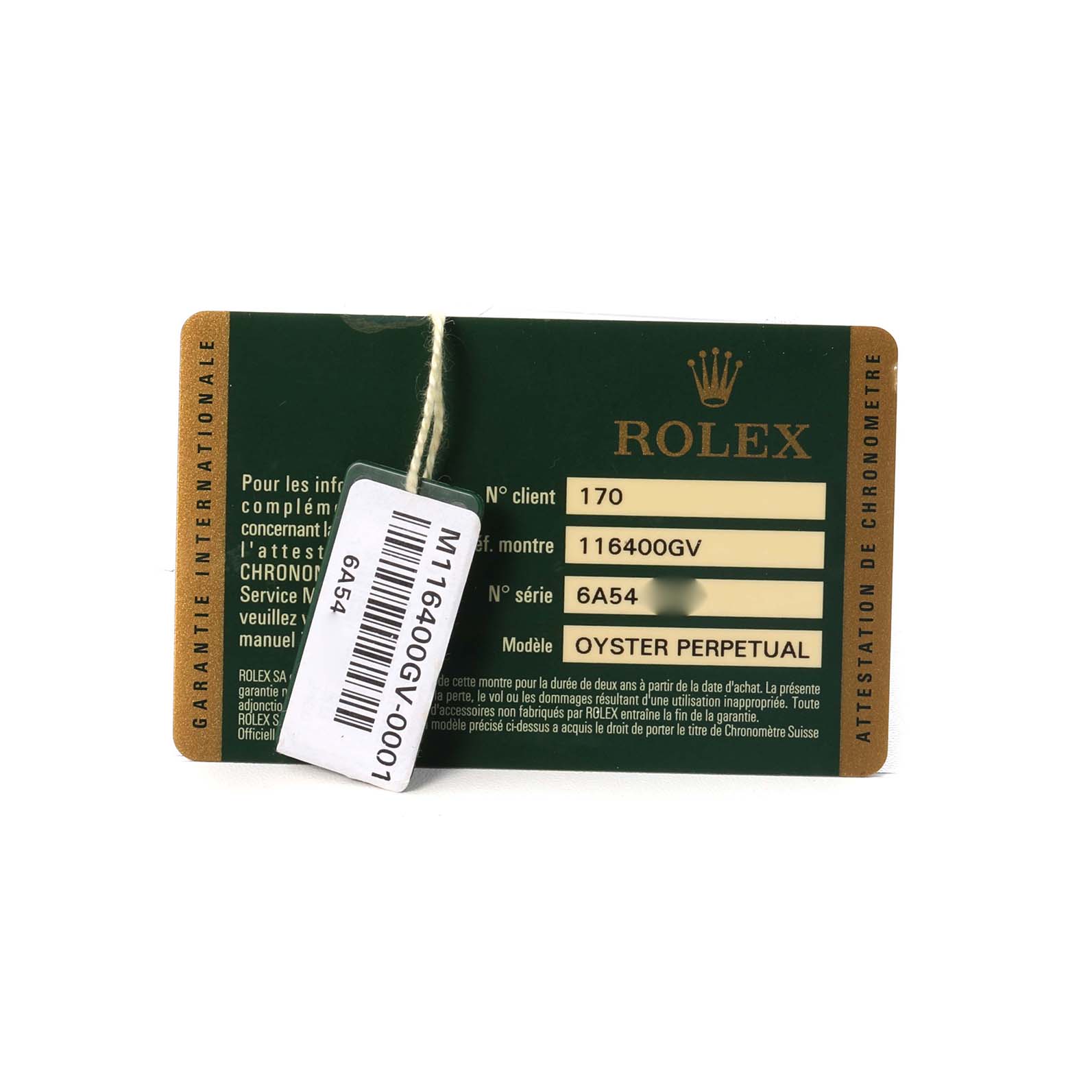 The image shows a Rolex Milgauss 116400GV Men's Stainless Steel Black Dial warranty card with model details.