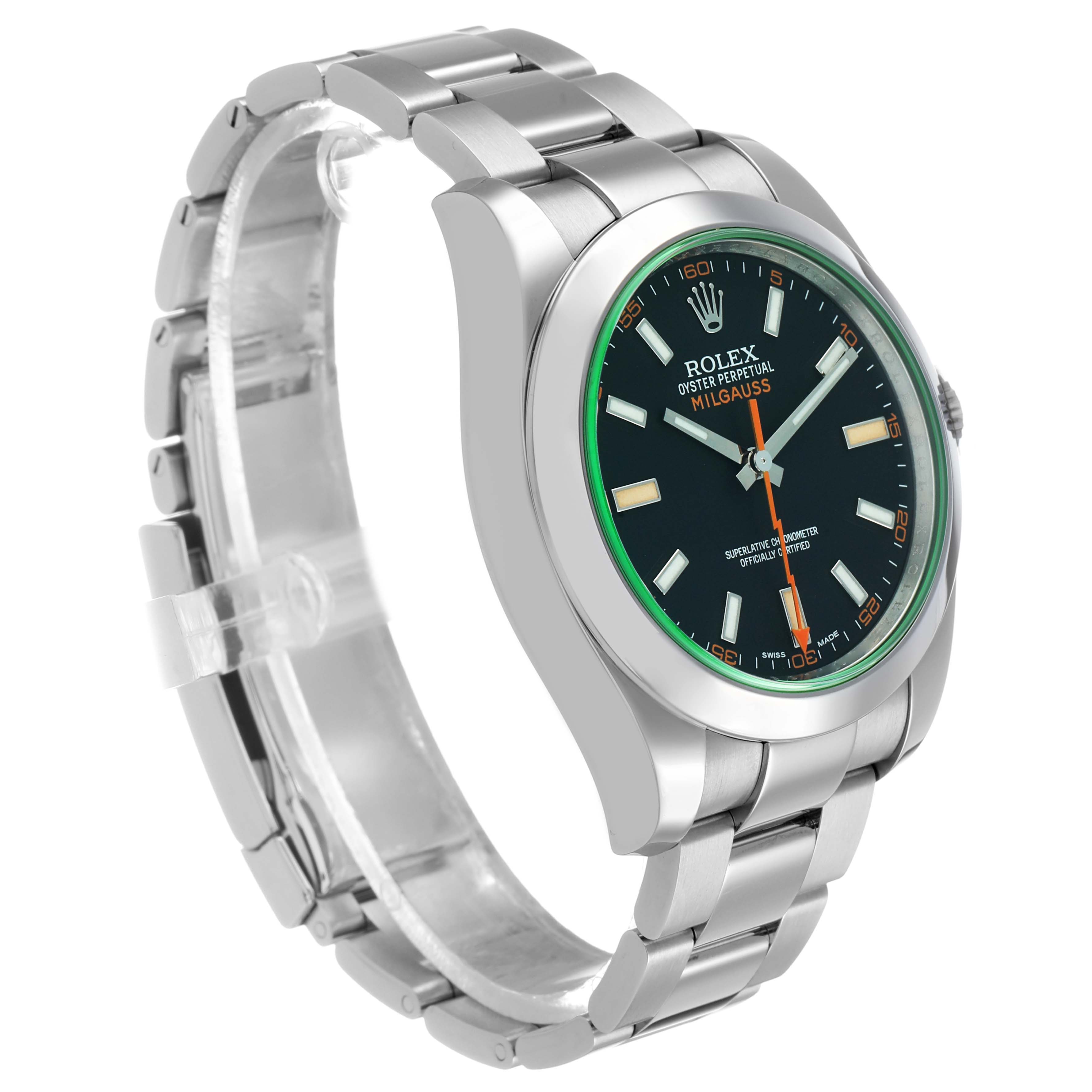 The Rolex Milgauss 116400GV Men's Stainless Steel Black Dial watch is shown at a three-quarter angle, highlighting the face, bezel, and bracelet.