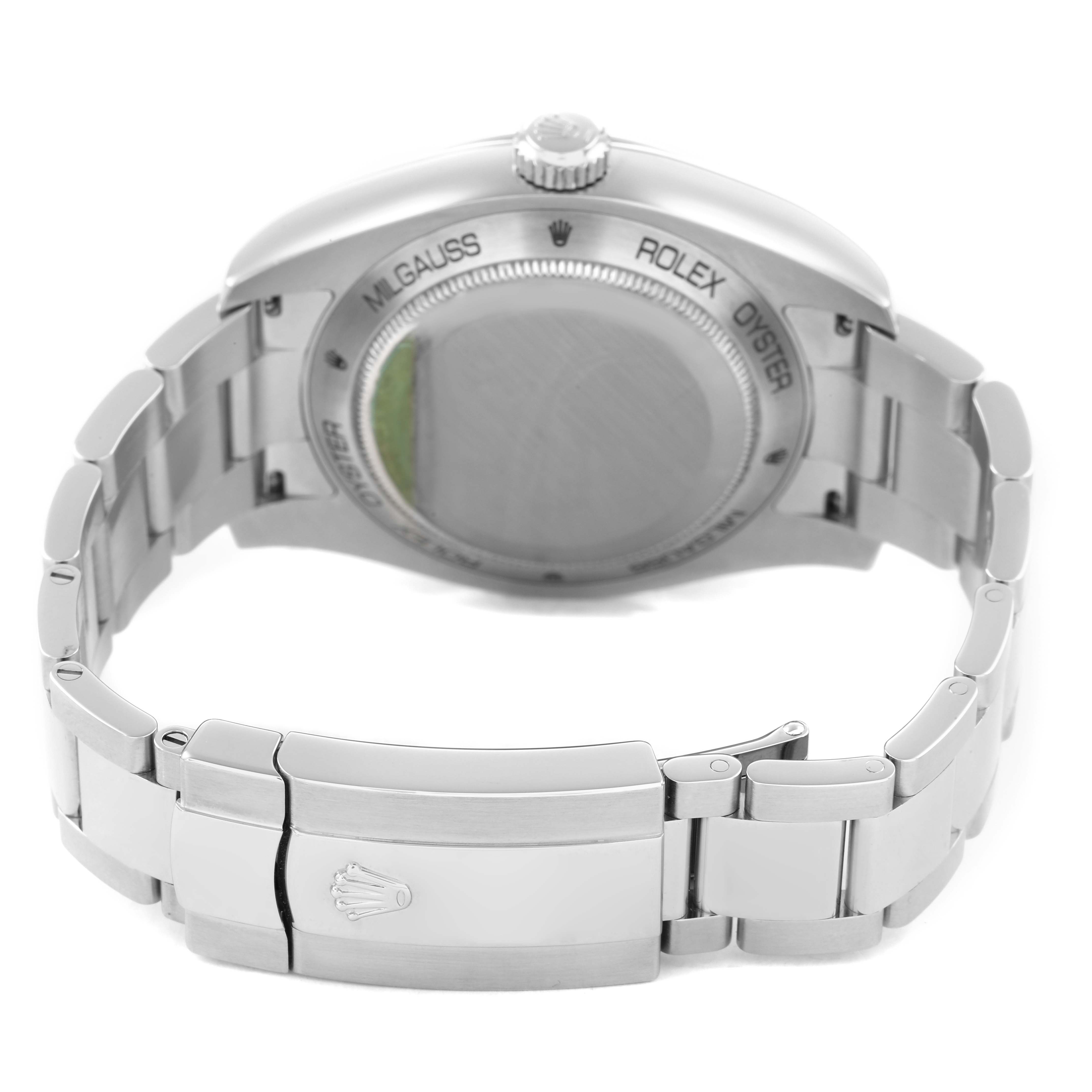 The image shows the back of a Rolex Milgauss 116400GV Men's Stainless Steel Black Dial watch, highlighting the case back and stainless steel bracelet clasp.