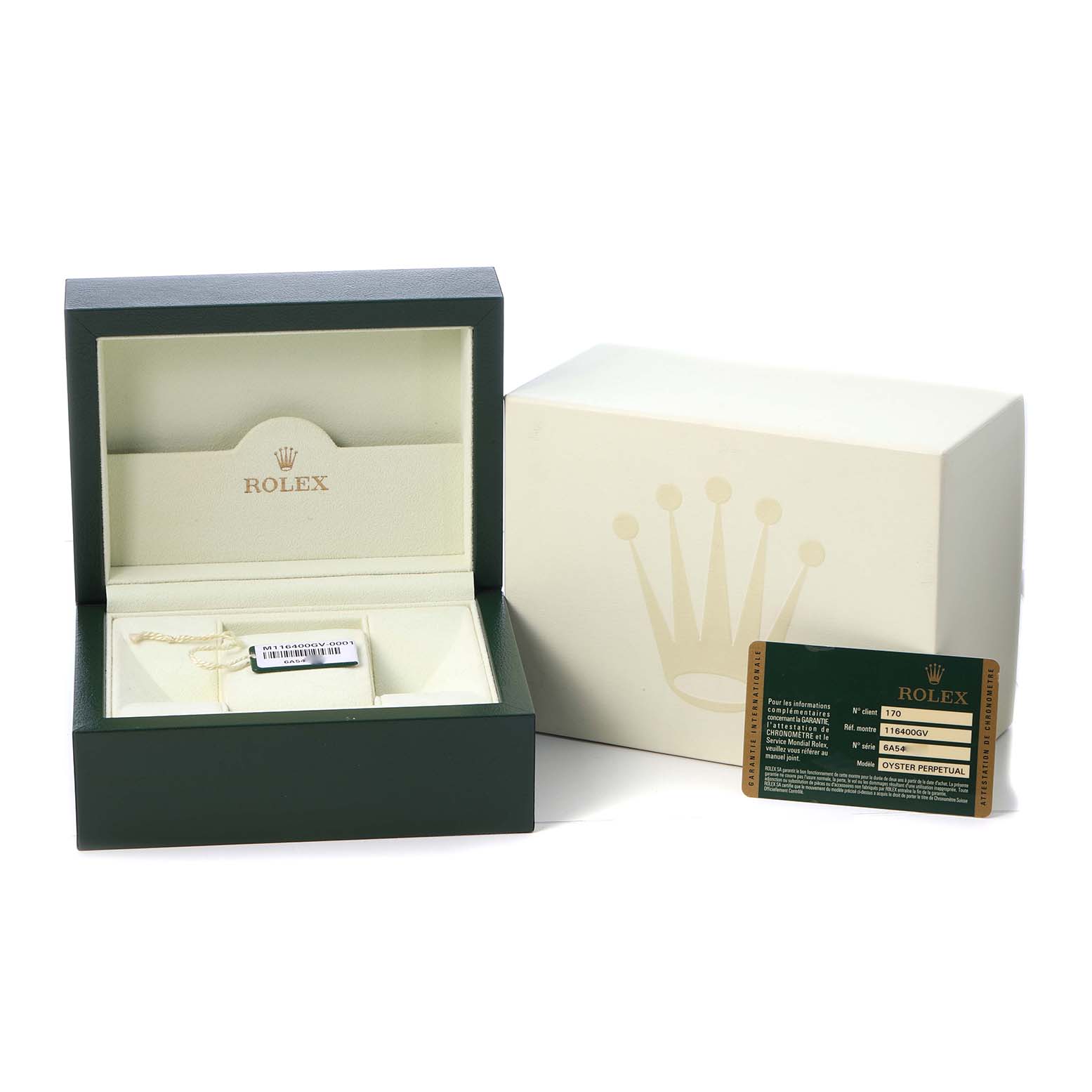 The image shows a Rolex Milgauss 116400GV Men's Stainless Steel Black Dial box, warranty card, and outer packaging from a frontal angle.