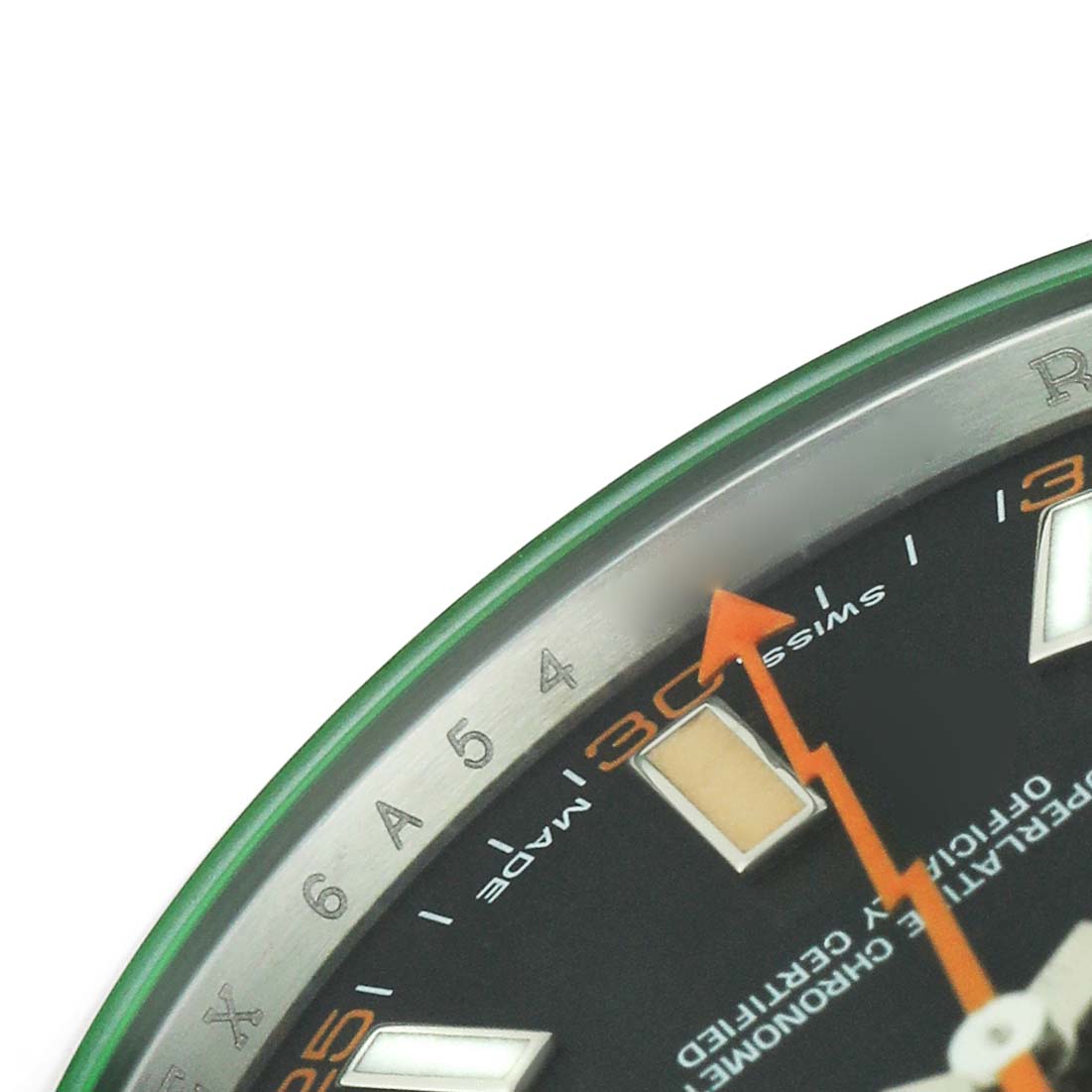 The image shows a close-up of the dial and bezel on a Rolex Milgauss 116400GV Men's Stainless Steel Black Dial watch, emphasizing the hour markers and second hand.