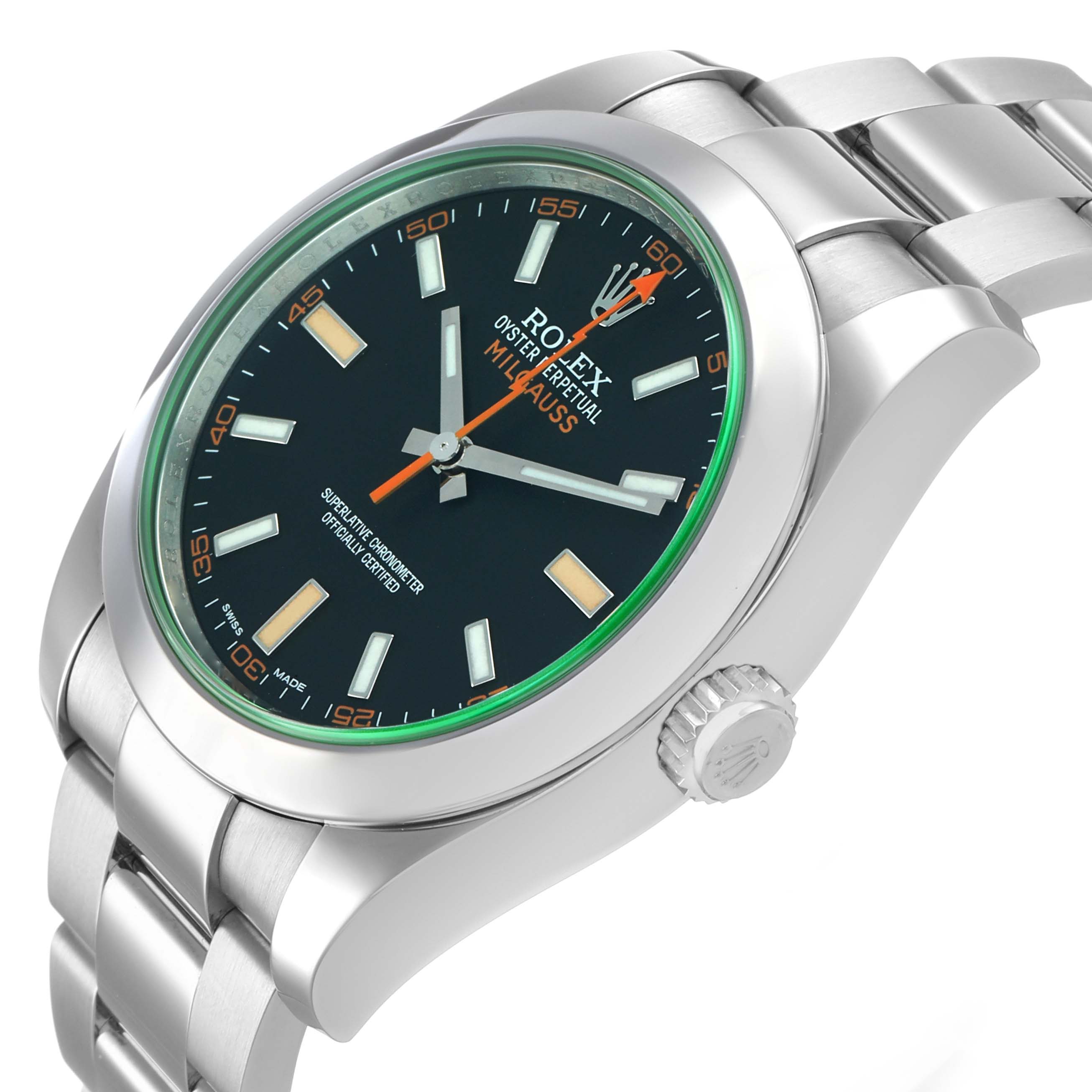 The image shows a Rolex Milgauss 116400GV Men's Stainless Steel Black Dial watch at a slight side angle, highlighting the face, bezel, crown, and part of the bracelet.