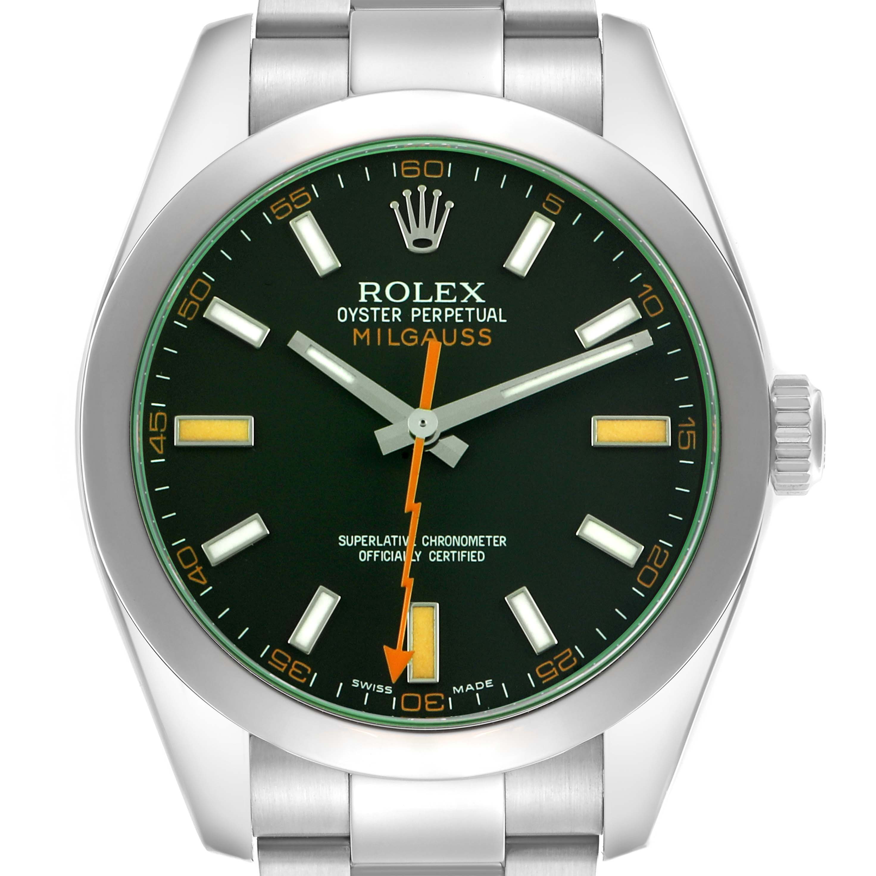 The Rolex Milgauss 116400GV Men's Stainless Steel Black Dial watch is shown from a front angle, highlighting the face, hour markers, and distinctive orange lightning bolt second hand.
