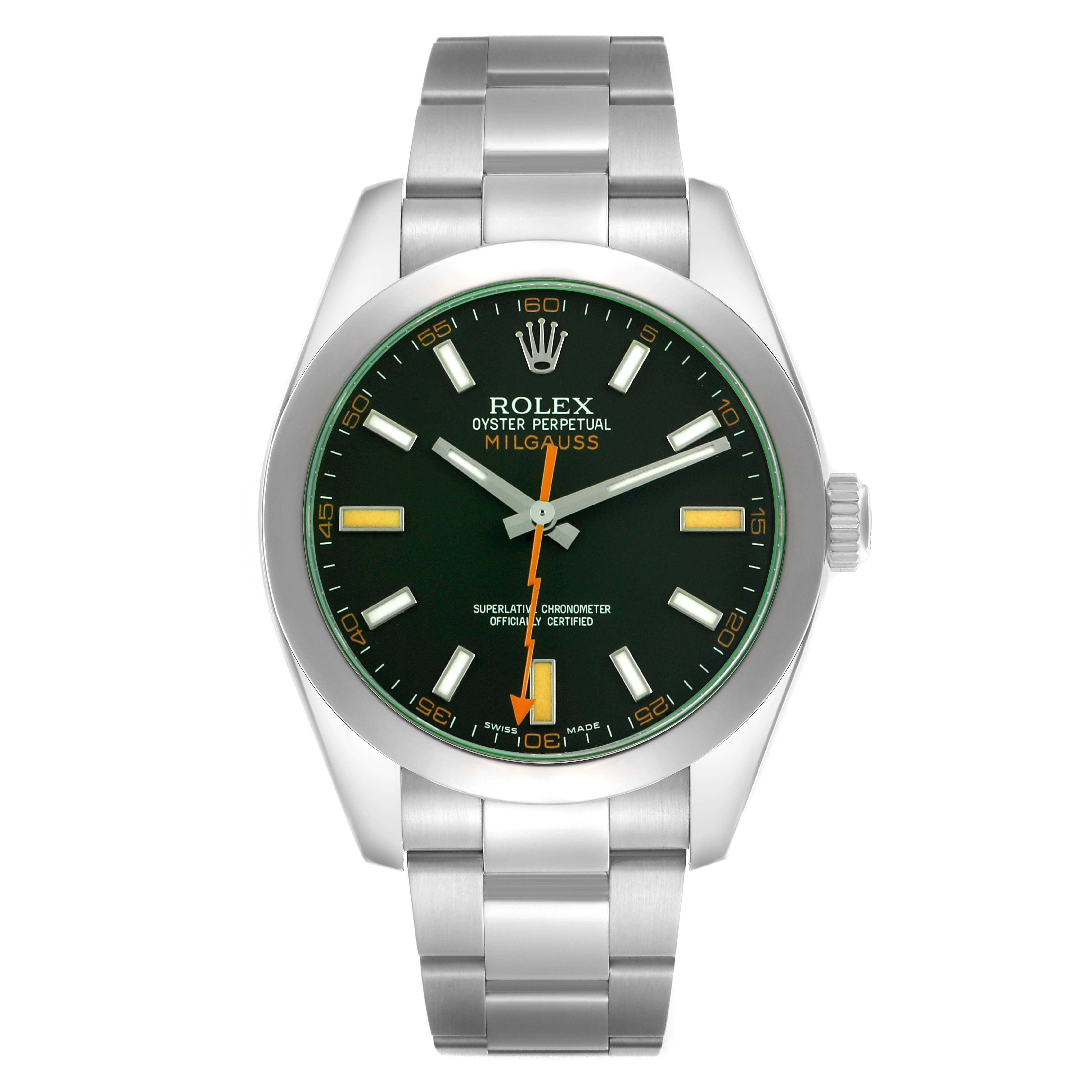 The image shows a front view of the Rolex Milgauss 116400GV Men's Stainless Steel Black Dial watch, highlighting its green dial, silver bracelet, and orange lightning-bolt second hand.
