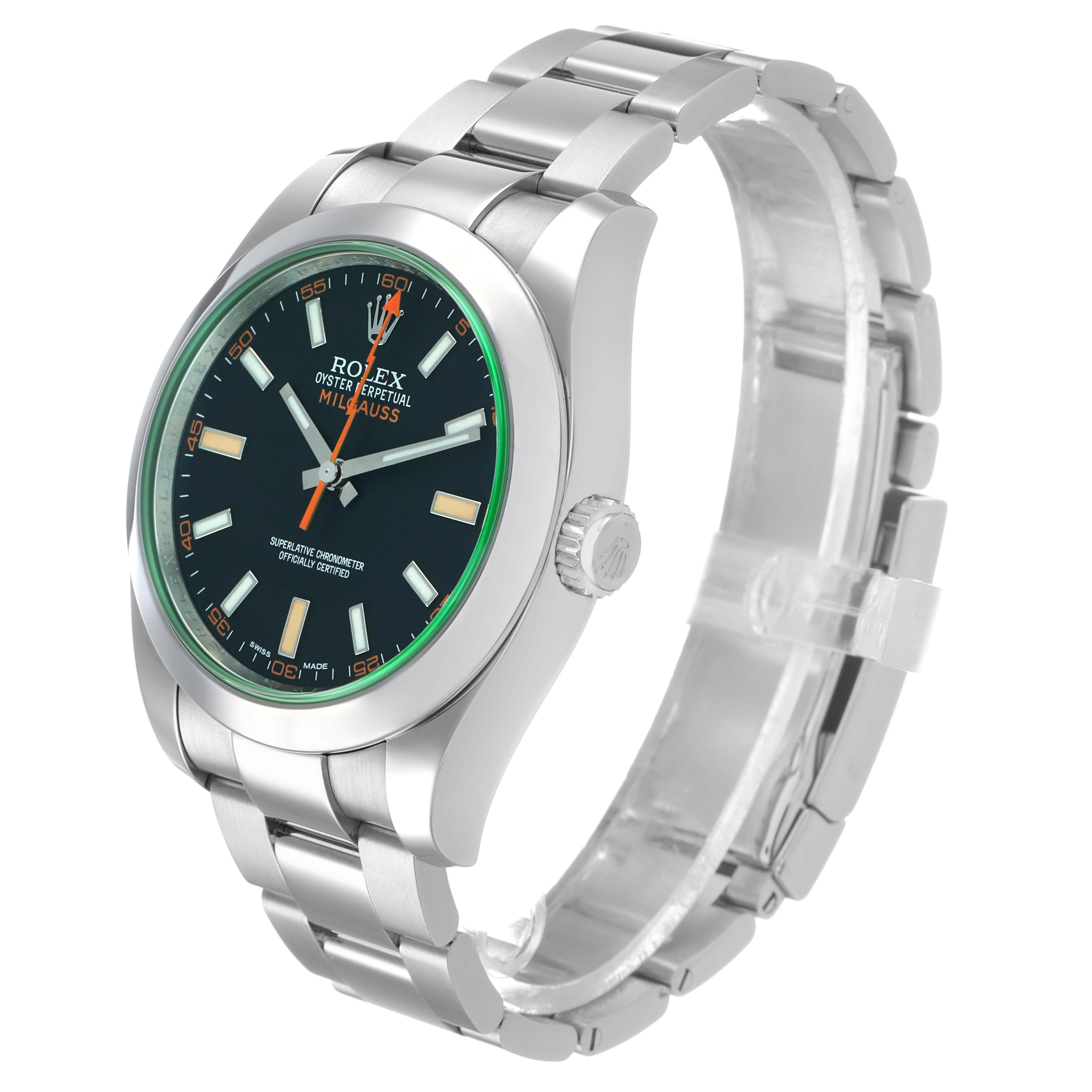 The Rolex Milgauss 116400GV Men's Stainless Steel Black Dial watch is shown from an angle highlighting its face, case, crown, and bracelet.