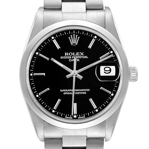 The Rolex Date 15200 Men's Stainless Steel Black Dial model is shown from the front, displaying the dial, hands, date window, and stainless steel bracelet.
