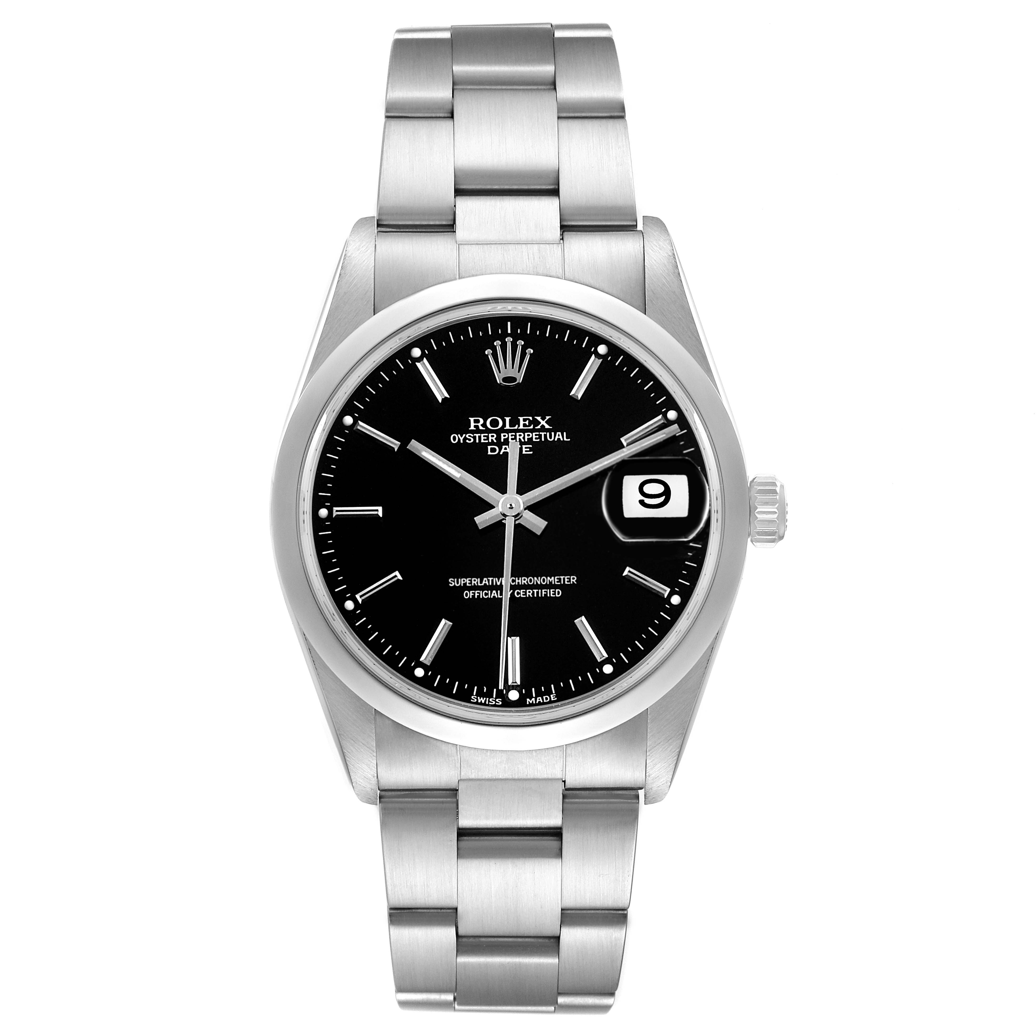The Rolex Date 15200 Men's Stainless Steel Black Dial watch is shown from a front angle, highlighting the dial, bezel, bracelet, and crown.