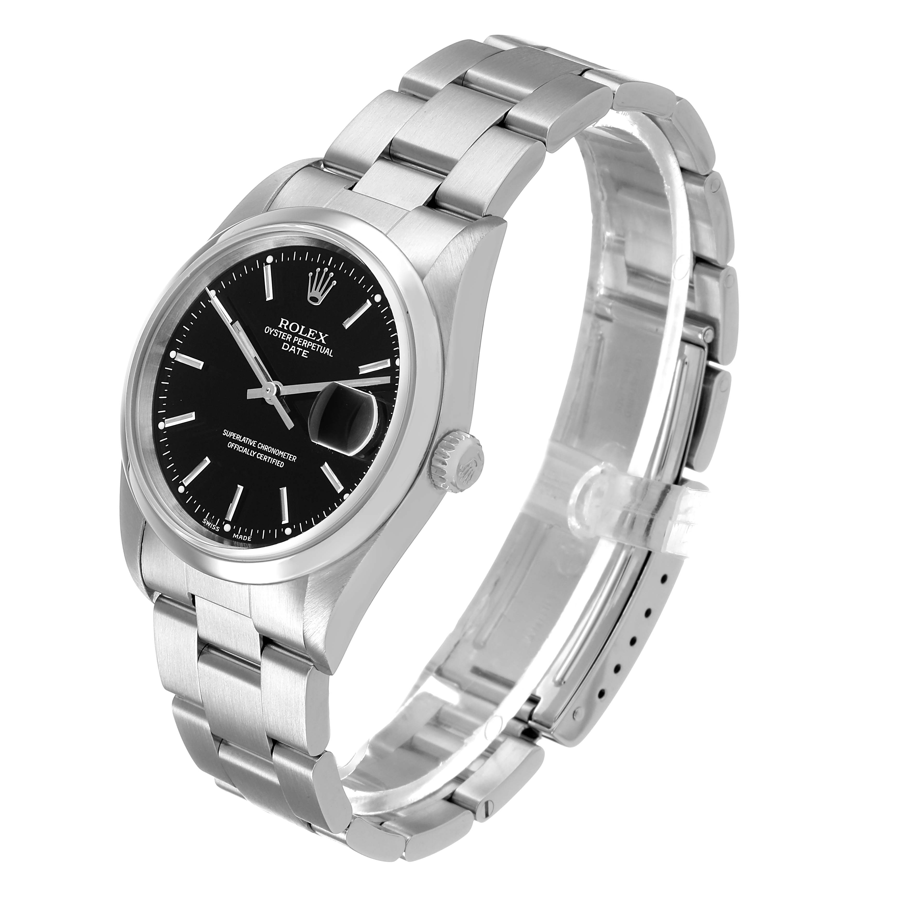 The image shows a Rolex Date 15200 Men's Stainless Steel Black Dial model watch at a three-quarter angle, highlighting the dial, bracelet, and case.