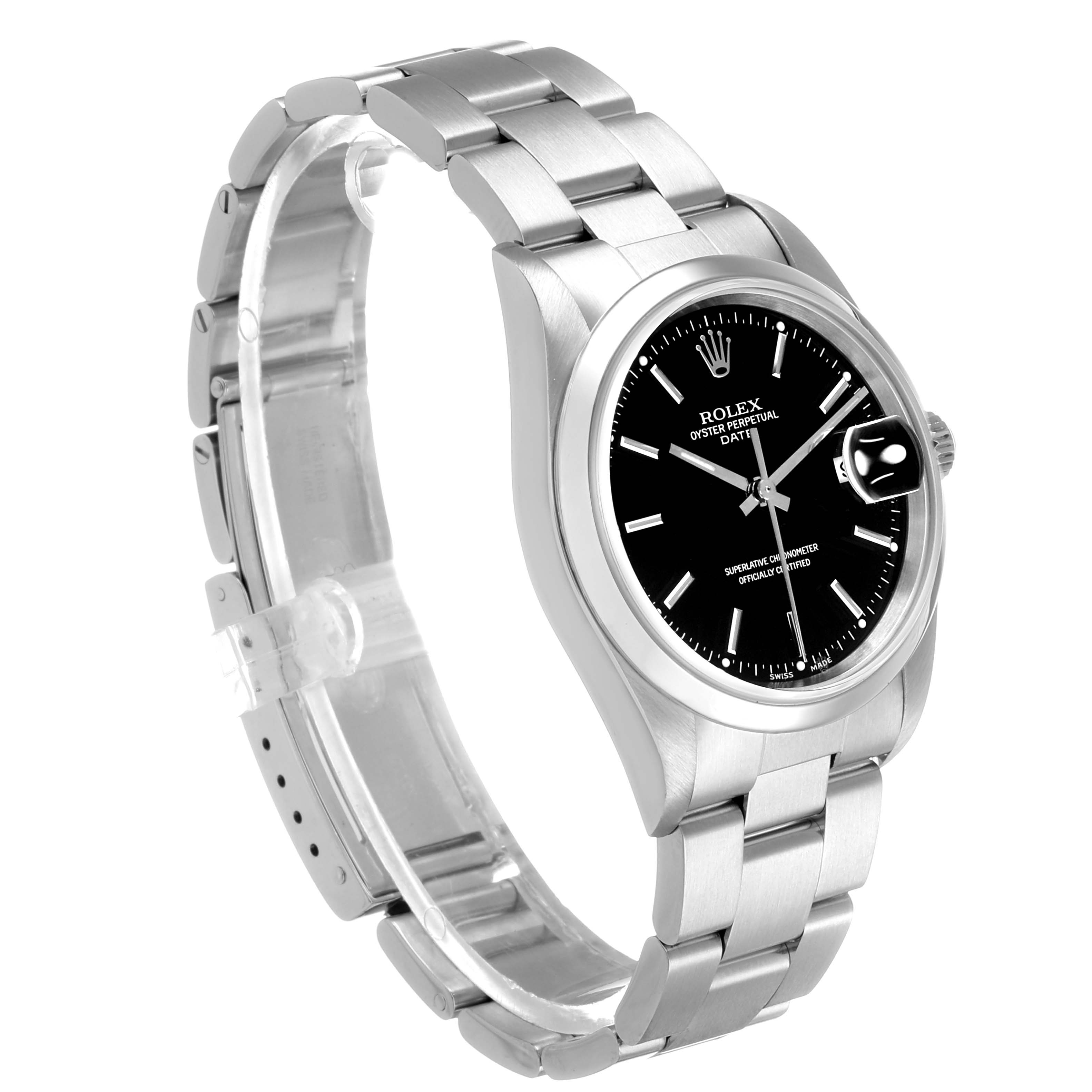 The Rolex Date 15200 Men's Stainless Steel Black Dial watch is shown from a three-quarter angle highlighting the black dial, silver bracelet, and clasp.