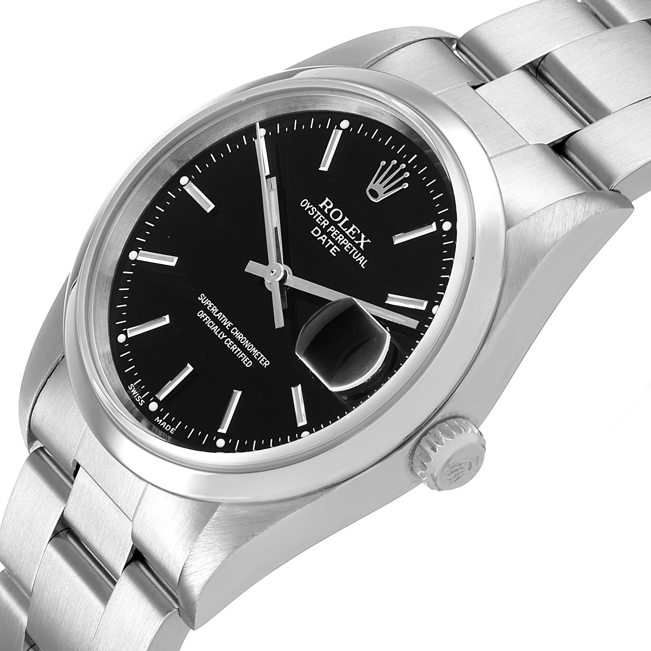 The Rolex Date 15200 Men's Stainless Steel Black Dial model watch is shown at a slight angle, highlighting the dial, bezel, bracelet, and crown.