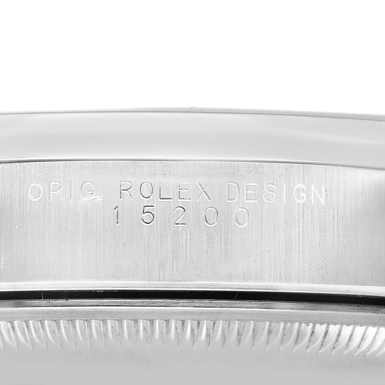 The image shows a close-up of the side of a Rolex Date 15200 Men's Stainless Steel Black Dial model watch, highlighting the engraved reference number "15200."