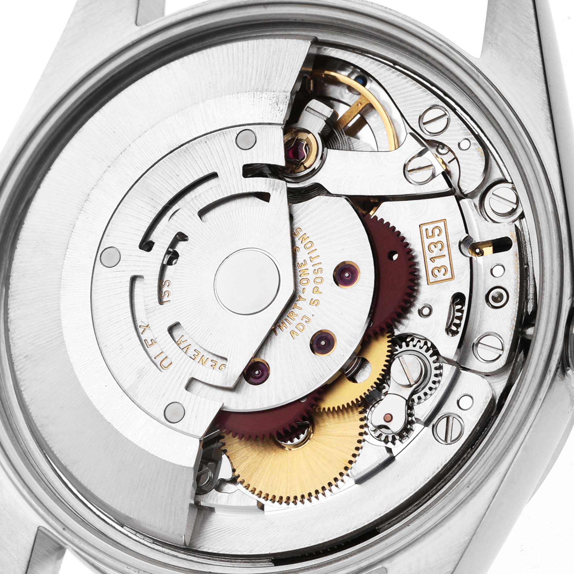 The image shows the back view of a Rolex Date 15200 Men's Stainless Steel Black Dial model, displaying its exposed mechanical movement and intricate gears.