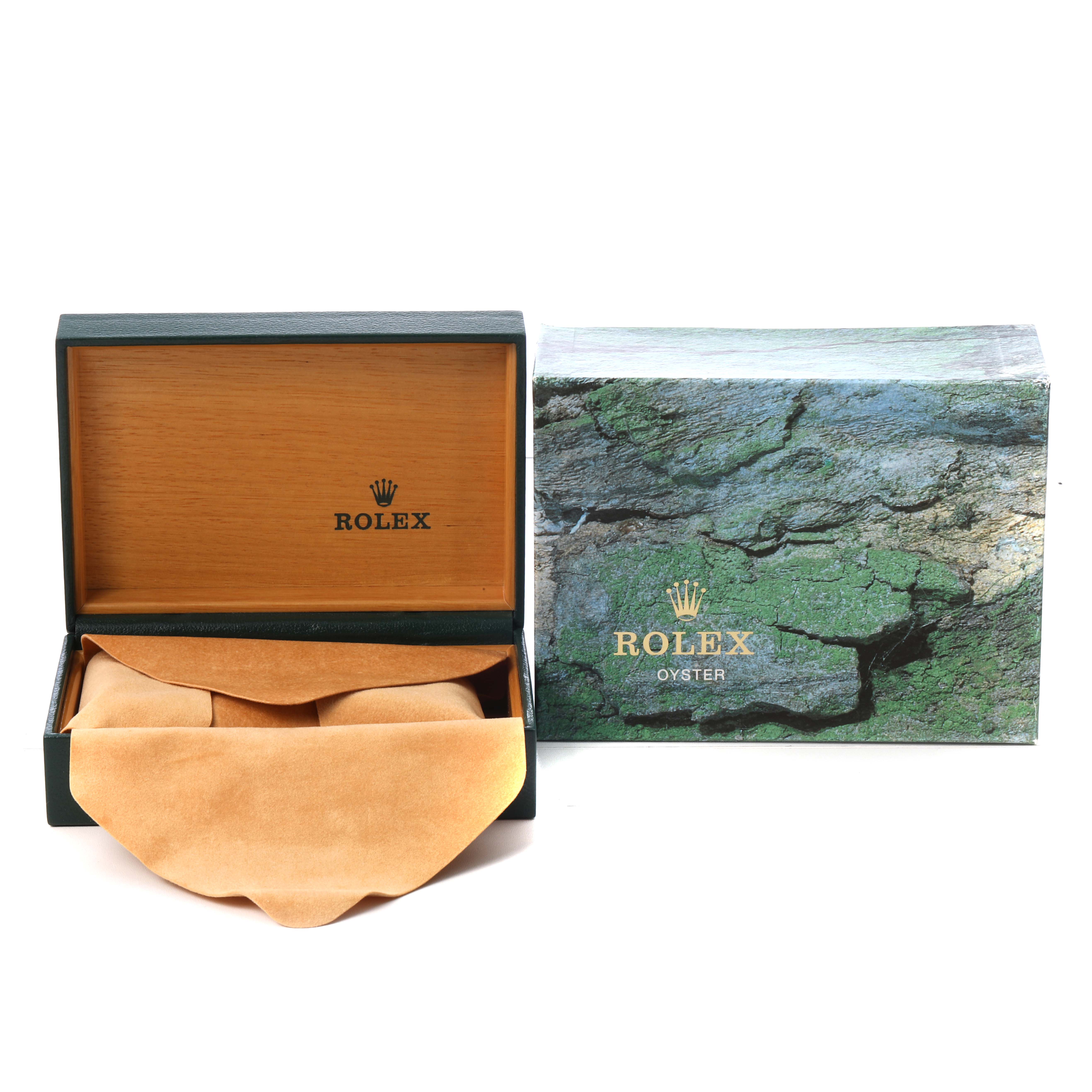 The image shows a Rolex Date 15200 Men's Stainless Steel Black Dial watch box and cover, featuring a partially open luxury green and gold design.