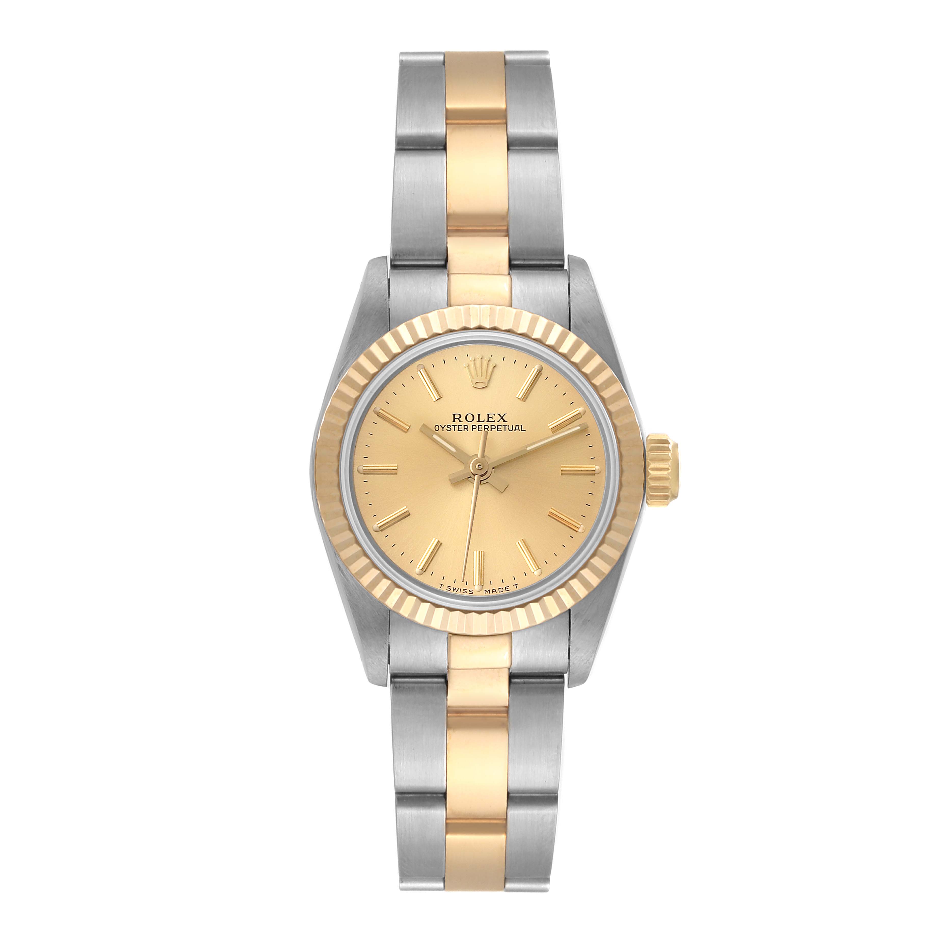 This image shows a front view of a Rolex Oyster Perpetual 67193 Women's Steel and Gold (two tone) Champagne Dial 67193 Women's Steel and Gold (two tone) Champagne Dial watch, featuring a two-tone gold and silver case and bracelet.