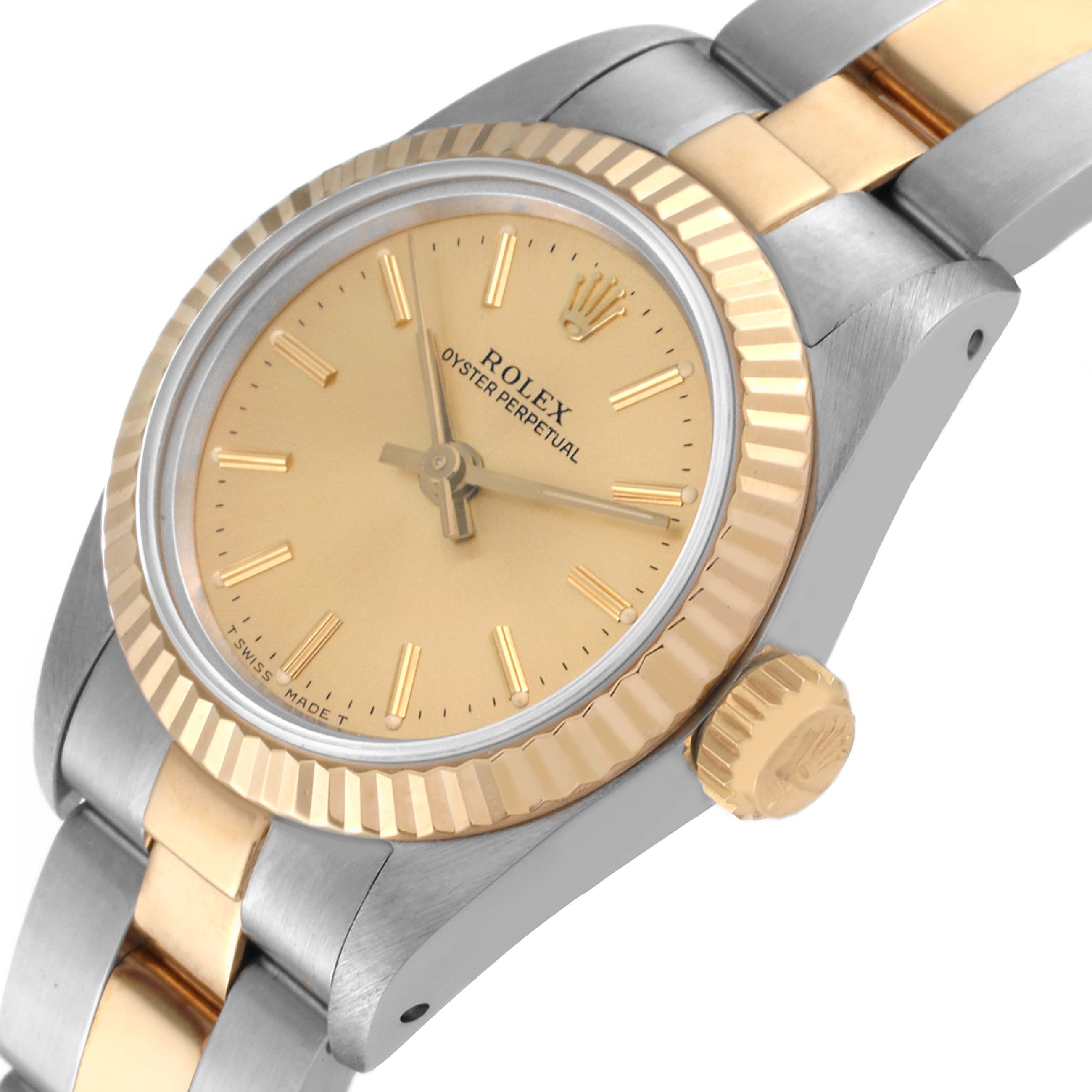 The image shows the Rolex Oyster Perpetual 67193 Women's Steel and Gold (two tone) Champagne Dial 67193 Women's Steel and Gold (two tone) Champagne Dial watch angled to display the dial, bezel, crown, and part of the bracelet.