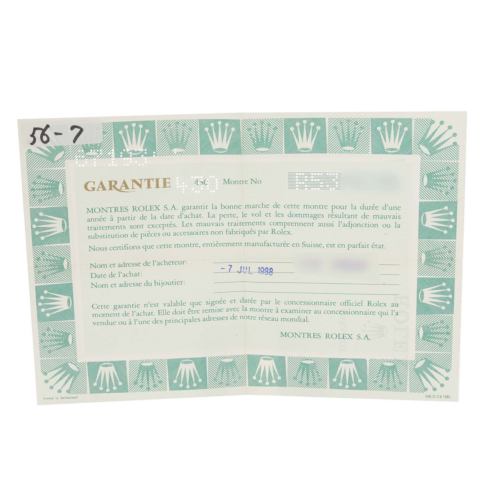 The image shows a warranty card for the Rolex Oyster Perpetual 67193 Women's Steel and Gold (two tone) Champagne Dial 67193 Women's Steel and Gold (two tone) Champagne Dial model, featuring brand logos and purchase details.