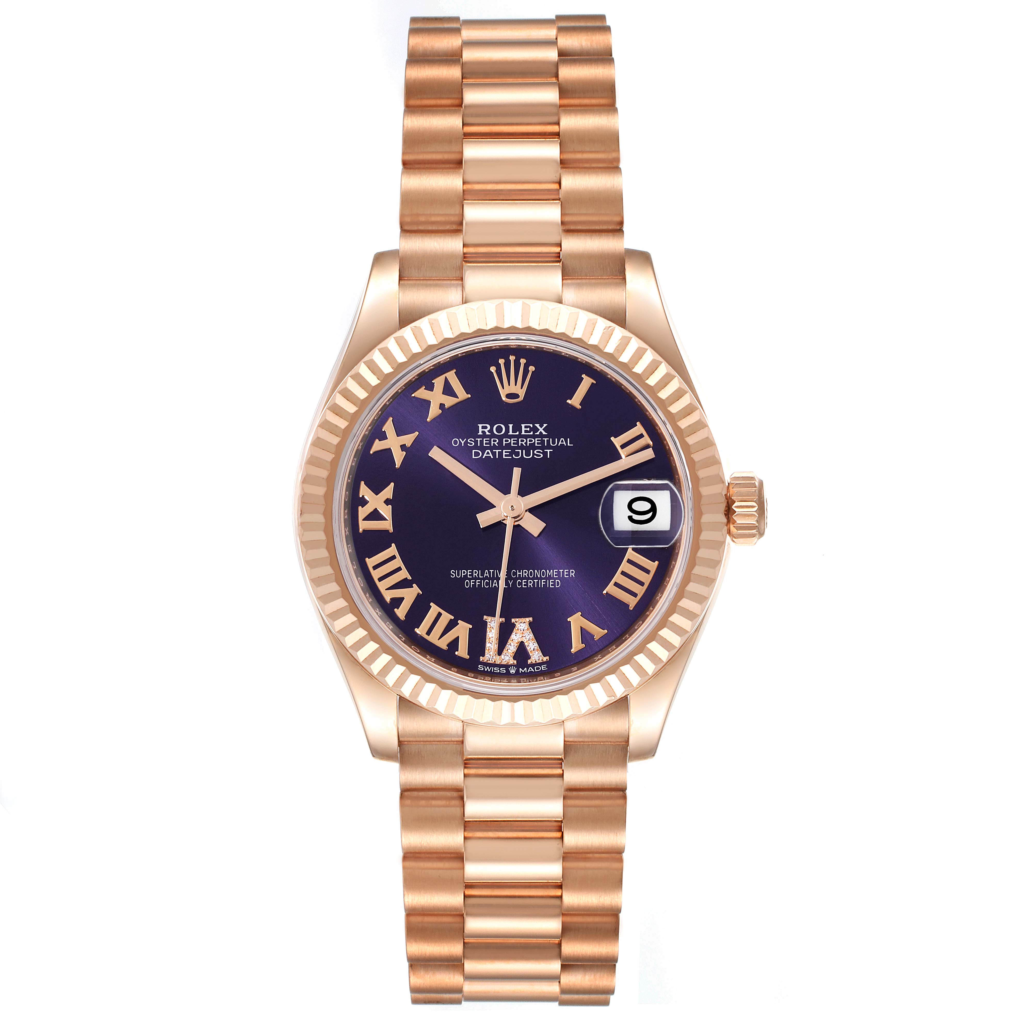 This image shows a front view of a Rolex President 278275 Women's Rose Gold Blue Dial 278275 Women's Rose Gold Blue Dial model watch, displaying the face, dial, and bracelet.