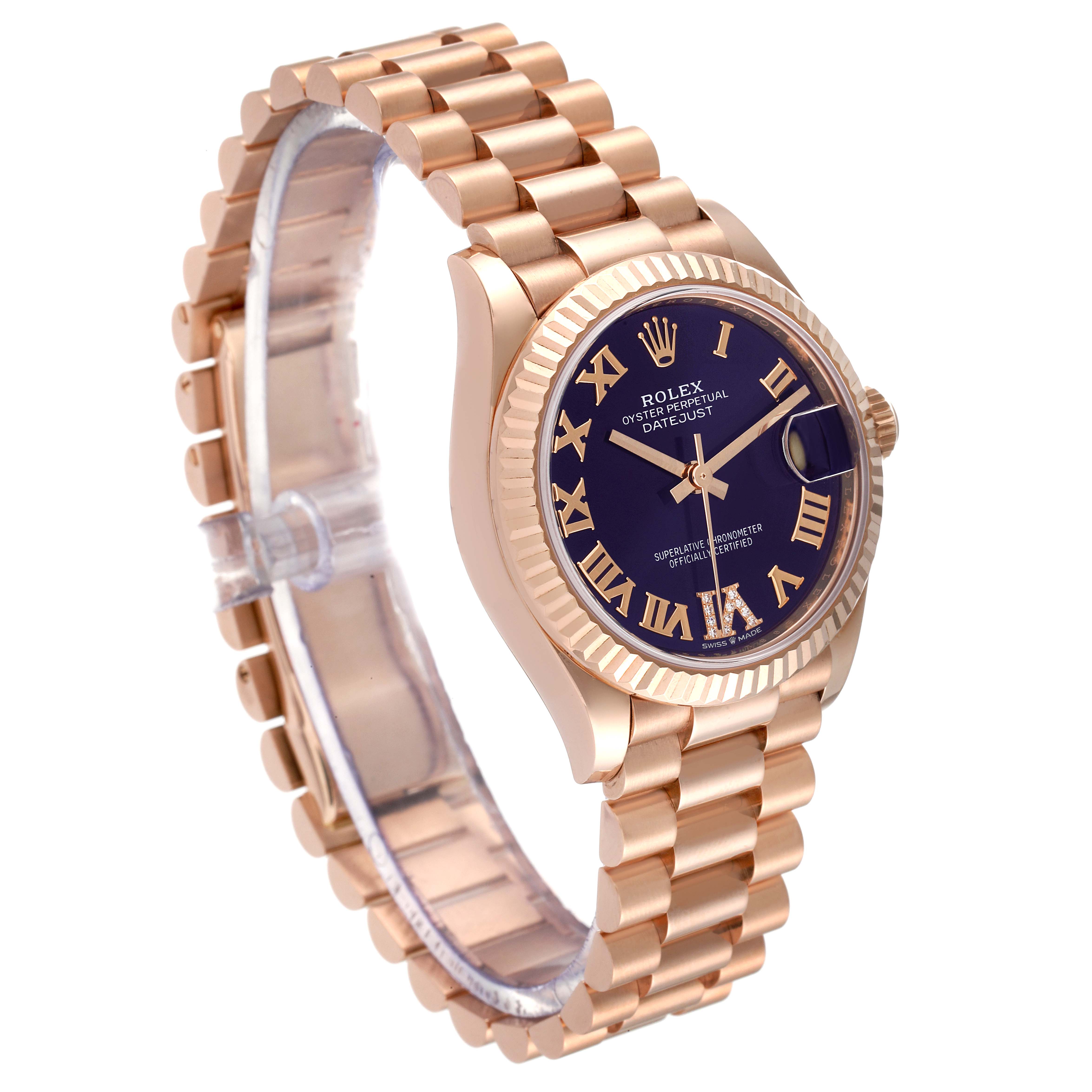The Rolex President 278275 Women's Rose Gold Blue Dial 278275 Women's Rose Gold Blue Dial model watch is shown at a slight side angle, displaying its bracelet, case, and dial.