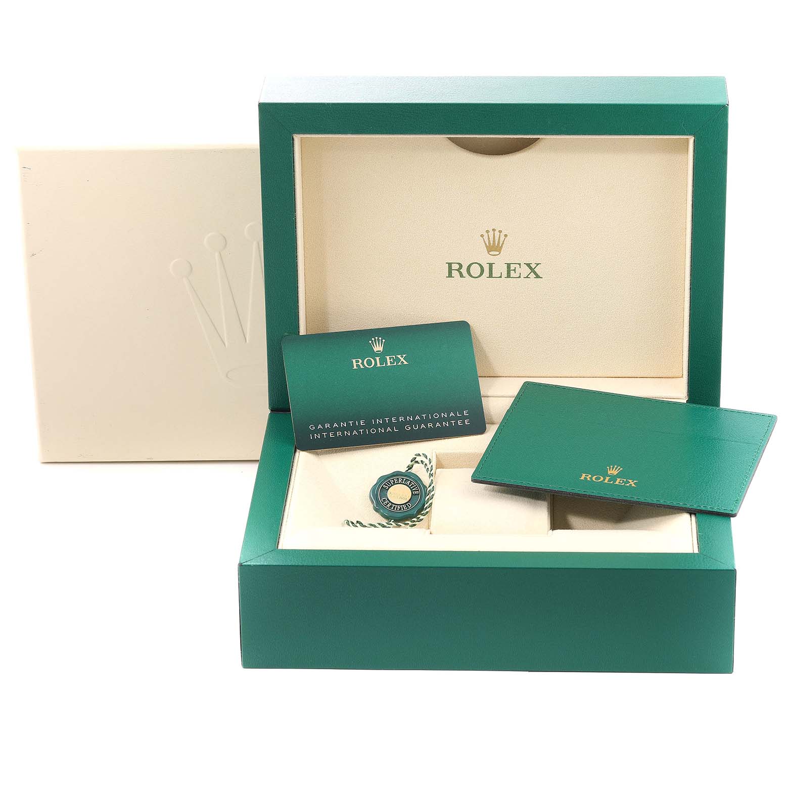 The image shows the open box for a Rolex President 278275 Women's Rose Gold Blue Dial 278275 Women's Rose Gold Blue Dial model, displaying guarantee cards and a tag inside.