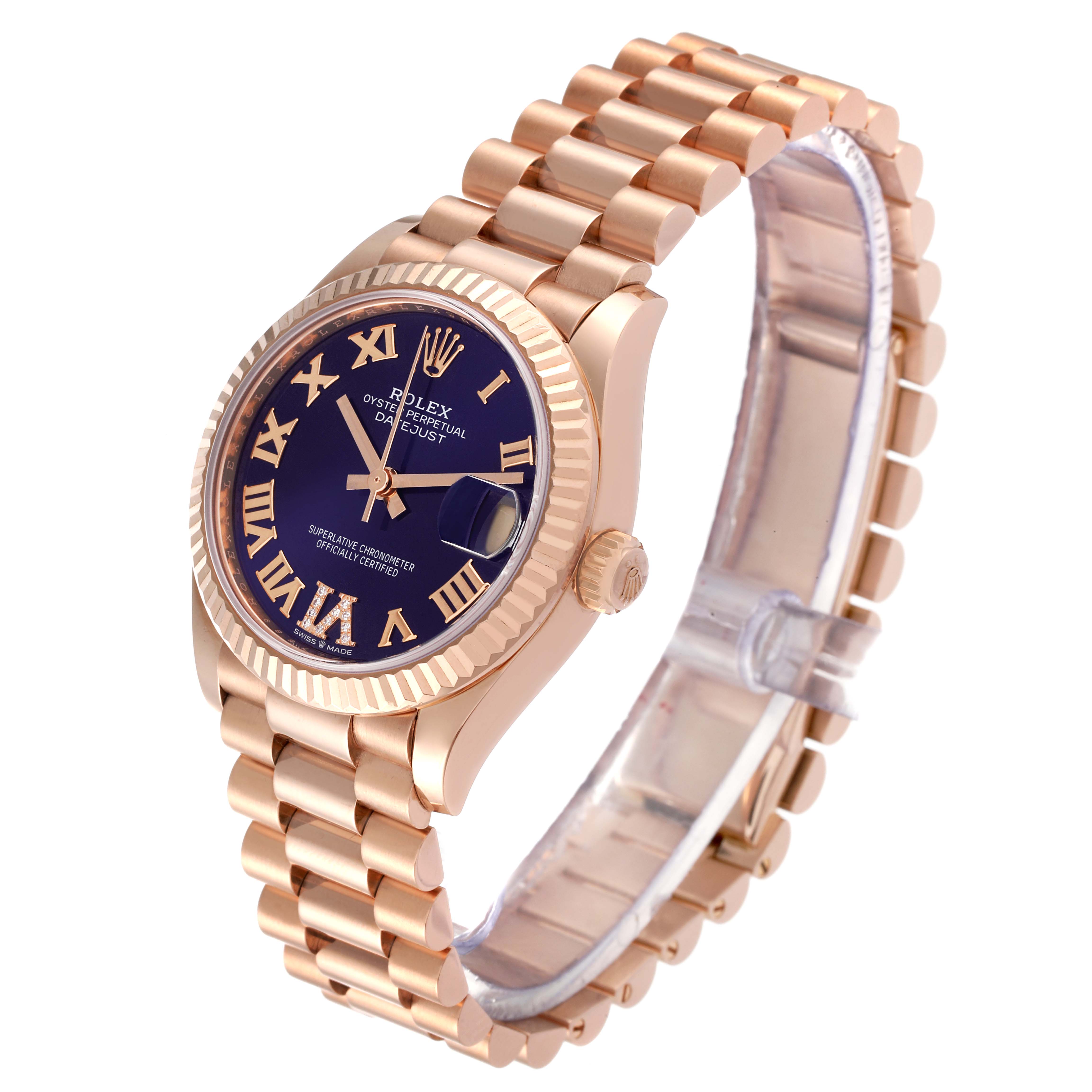 The image shows a Rolex President 278275 Women's Rose Gold Blue Dial 278275 Women's Rose Gold Blue Dial model watch at a three-quarter angle, displaying the face, bezel, crown, and band.